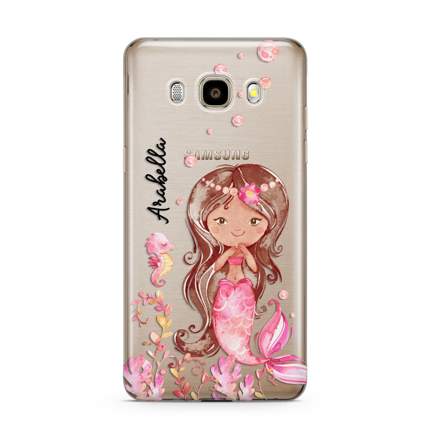 Personalised Pink Mermaid Samsung Galaxy J7 2016 Case on gold phone