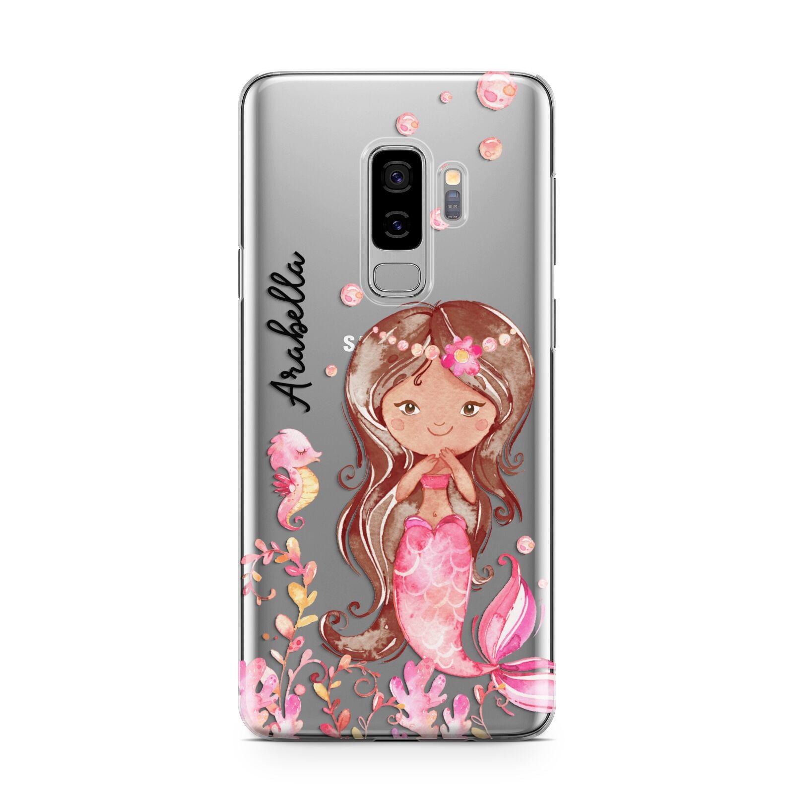 Personalised Pink Mermaid Samsung Galaxy S9 Plus Case on Silver phone