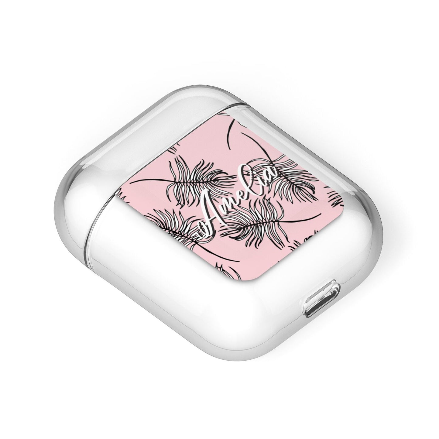 Personalised Pink Monochrome Tropical Leaf AirPods Case Laid Flat