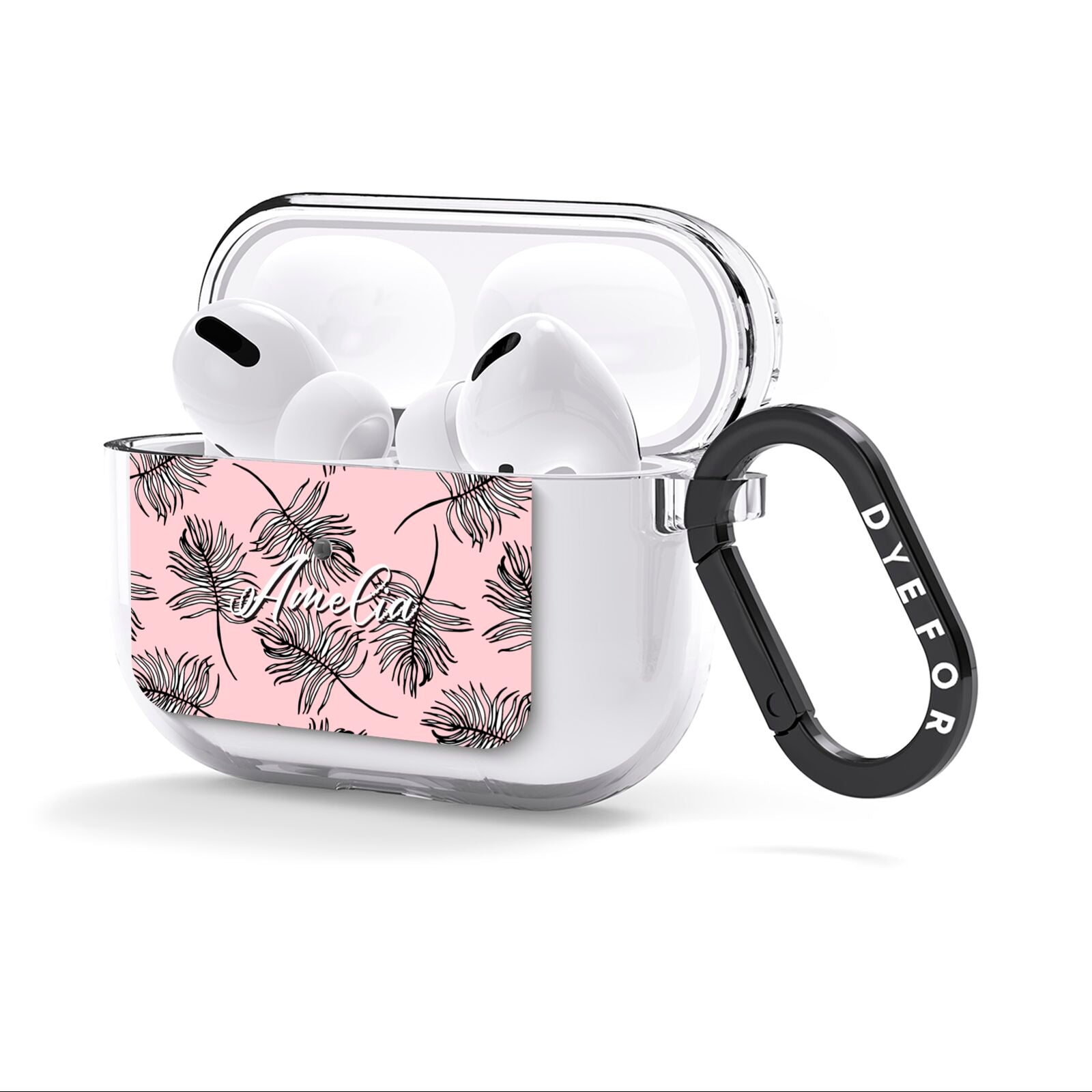 Personalised Pink Monochrome Tropical Leaf AirPods Clear Case 3rd Gen Side Image