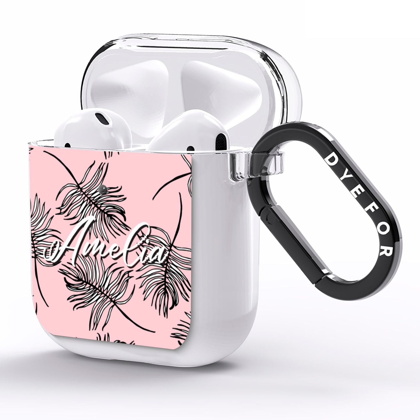 Personalised Pink Monochrome Tropical Leaf AirPods Clear Case Side Image