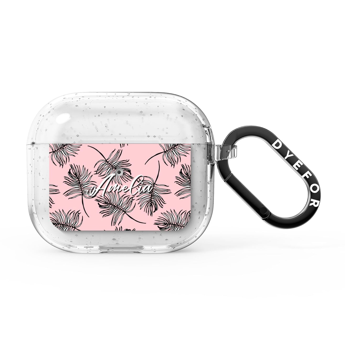 Personalised Pink Monochrome Tropical Leaf AirPods Glitter Case 3rd Gen