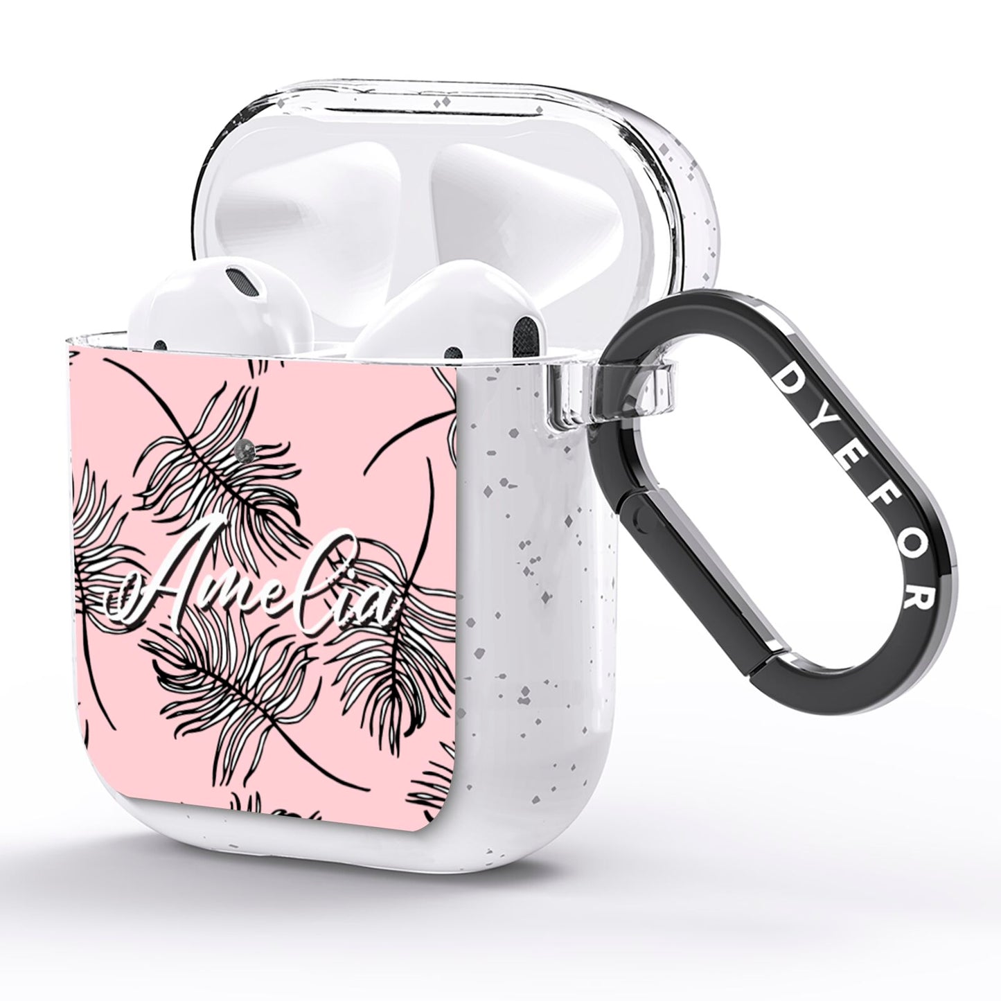 Personalised Pink Monochrome Tropical Leaf AirPods Glitter Case Side Image