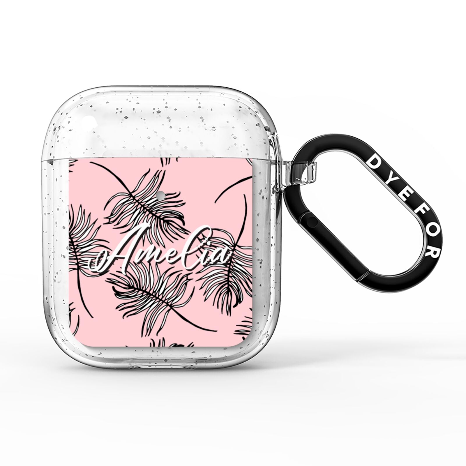 Personalised Pink Monochrome Tropical Leaf AirPods Glitter Case