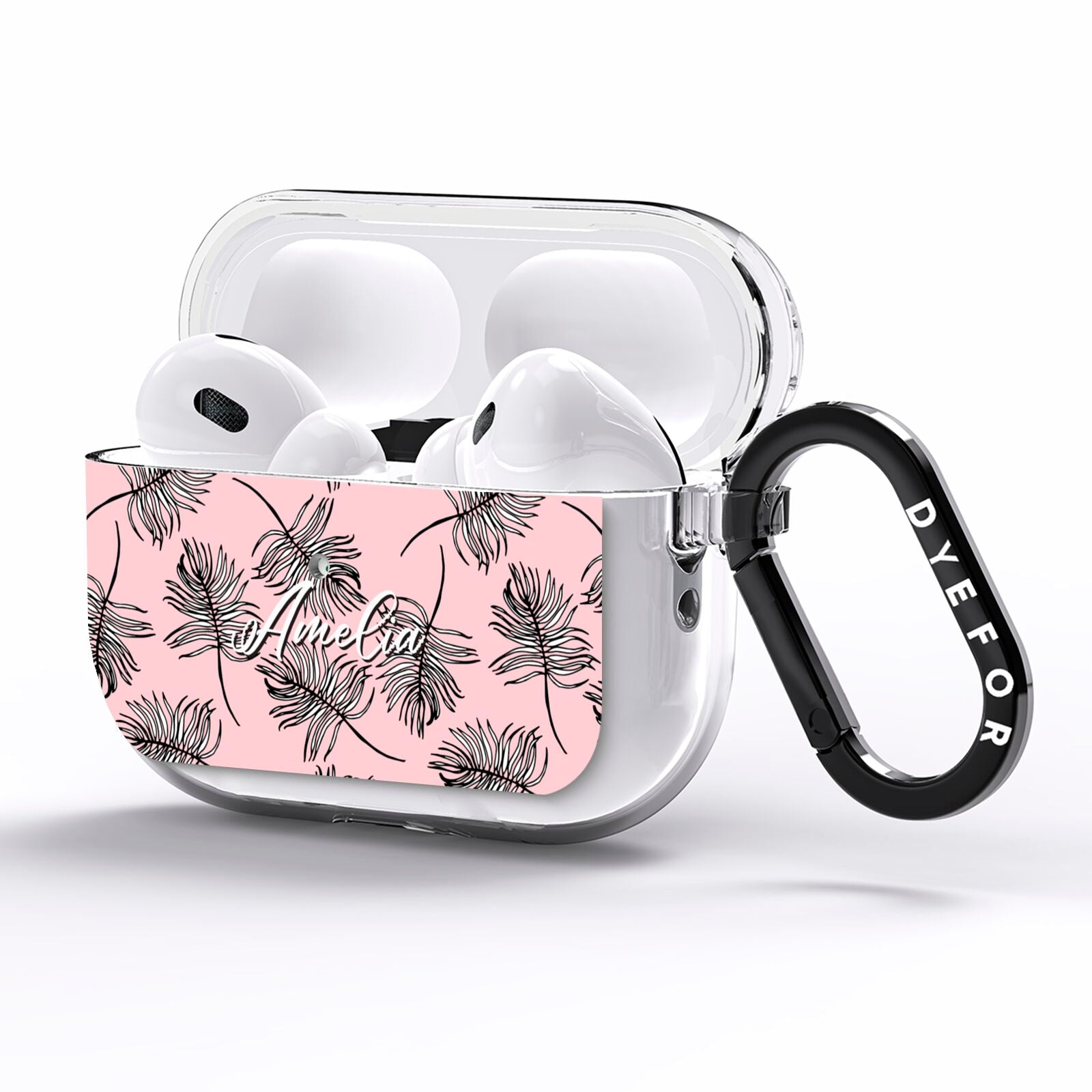 Personalised Pink Monochrome Tropical Leaf AirPods Pro Clear Case Side Image