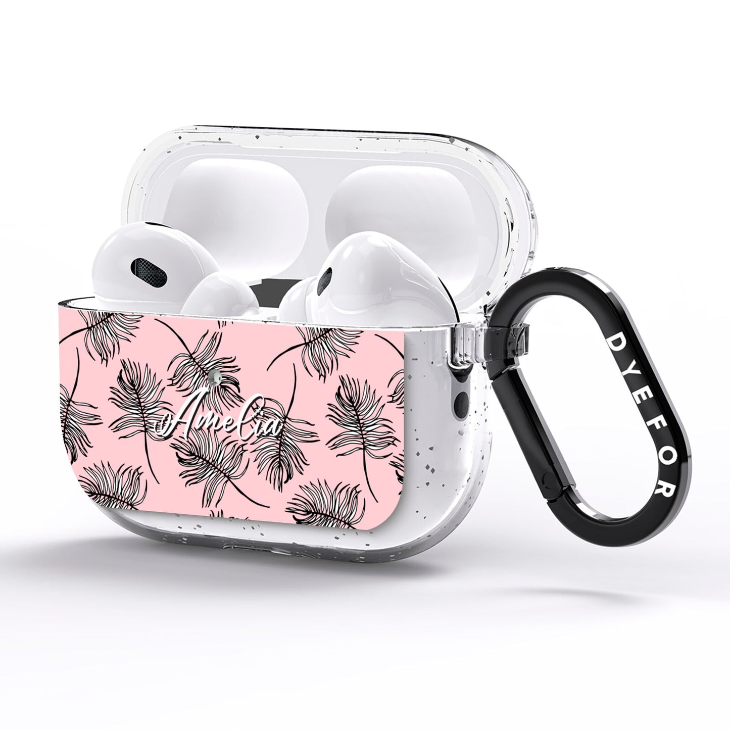 Personalised Pink Monochrome Tropical Leaf AirPods Pro Glitter Case Side Image