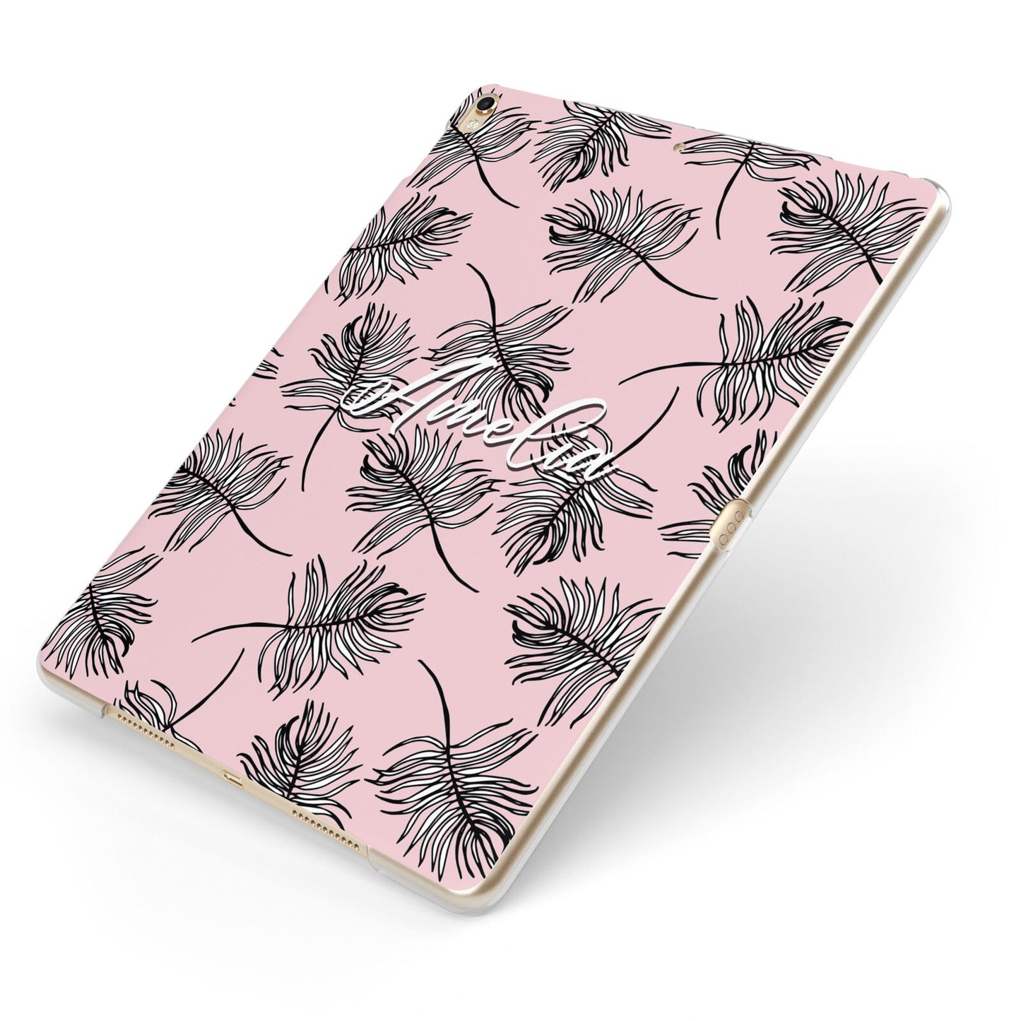 Personalised Pink Monochrome Tropical Leaf Apple iPad Case on Gold iPad Side View