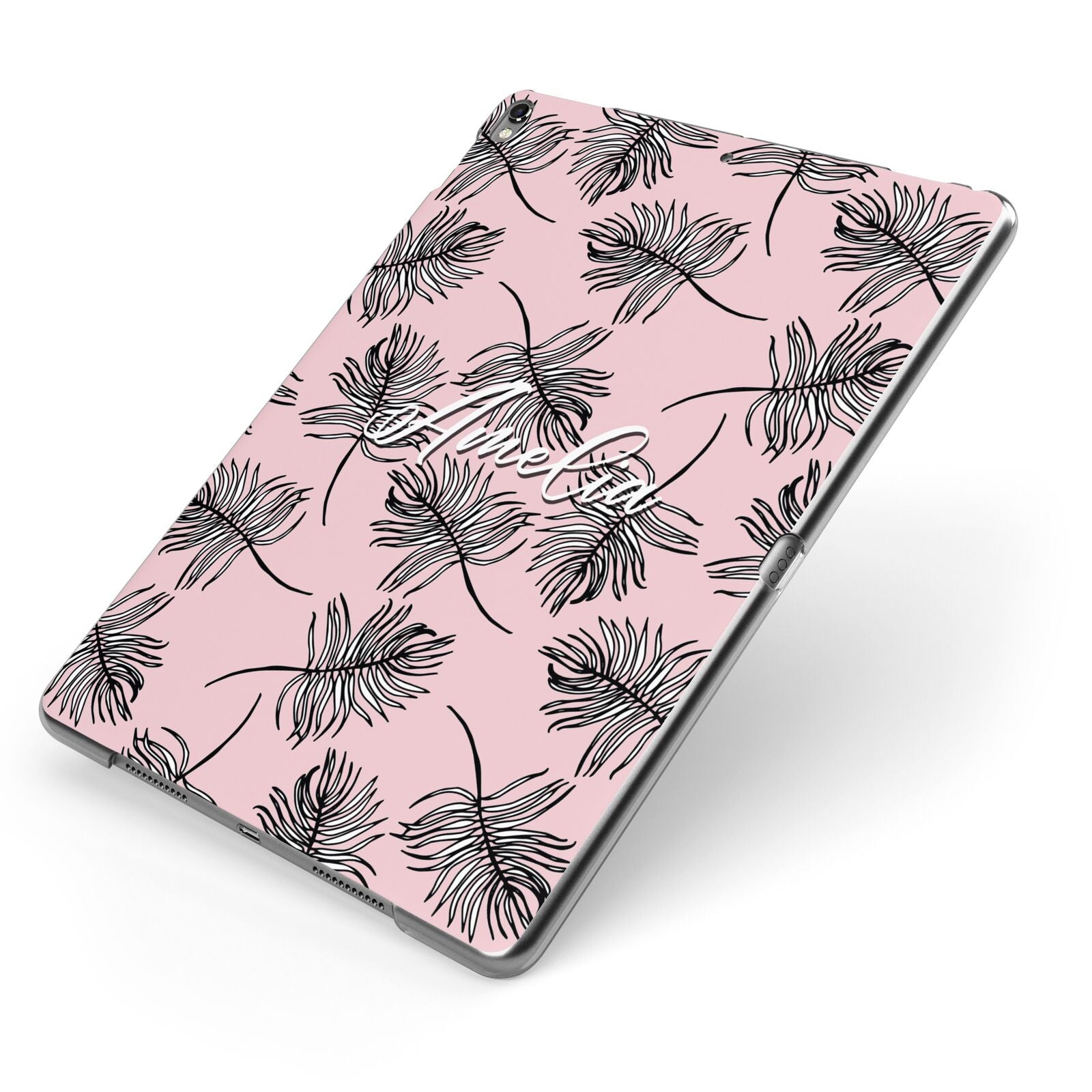 Personalised Pink Monochrome Tropical Leaf Apple iPad Case on Grey iPad Side View