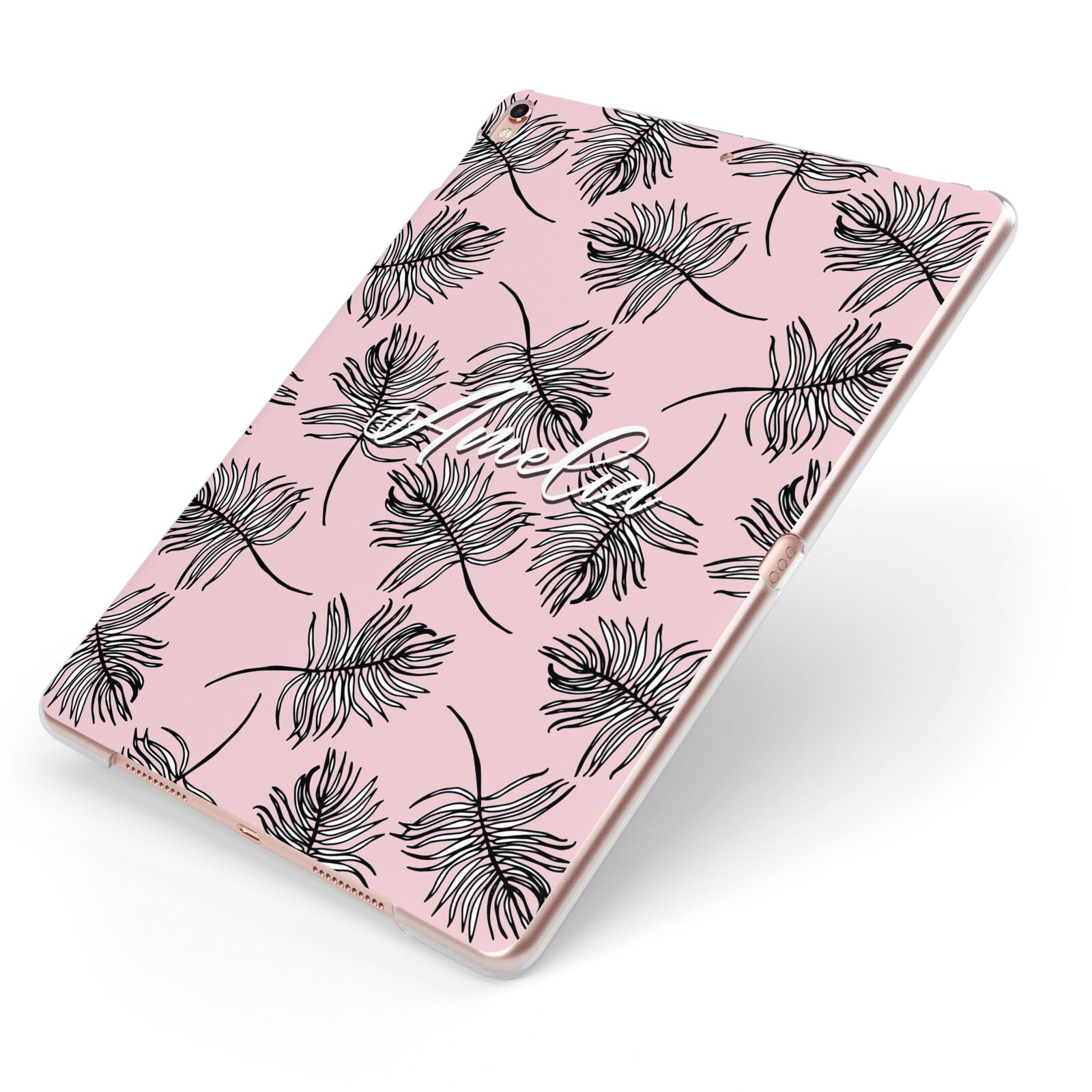 Personalised Pink Monochrome Tropical Leaf Apple iPad Case on Rose Gold iPad Side View