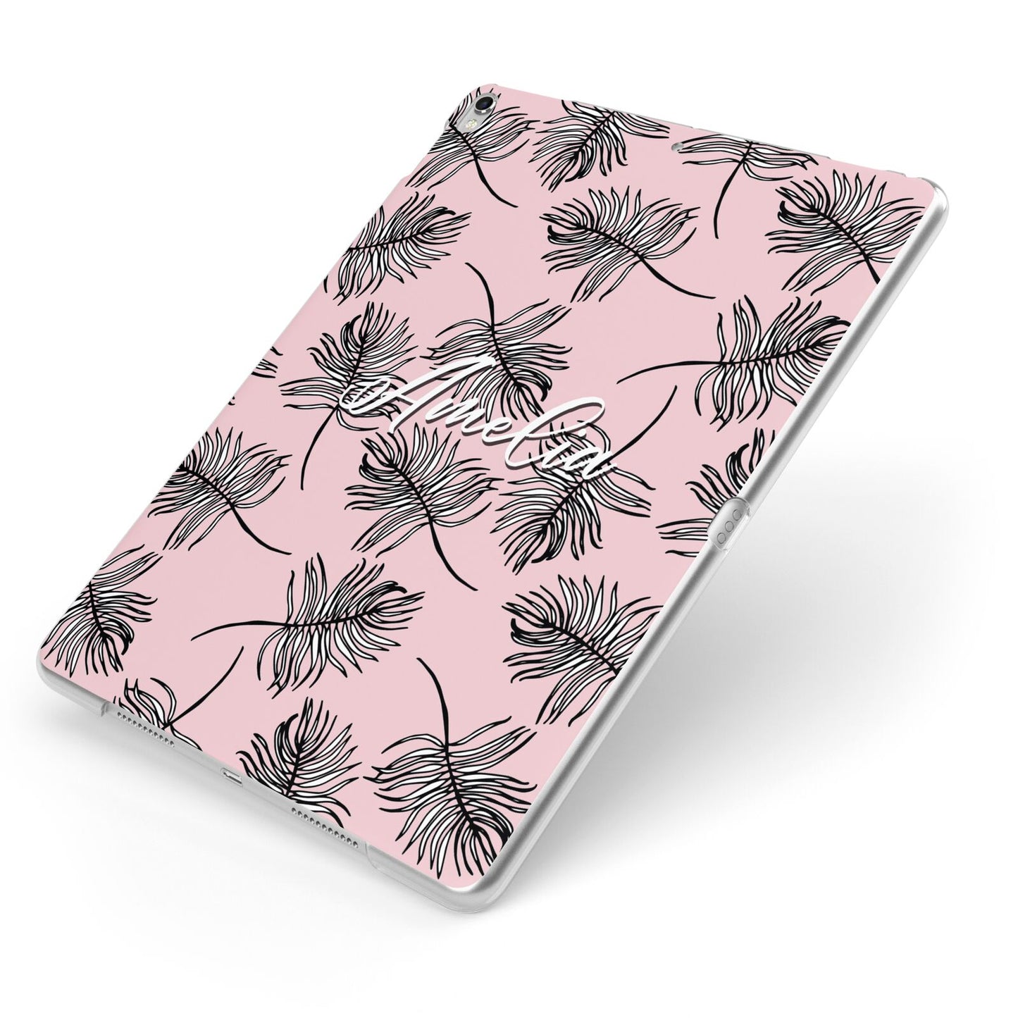 Personalised Pink Monochrome Tropical Leaf Apple iPad Case on Silver iPad Side View