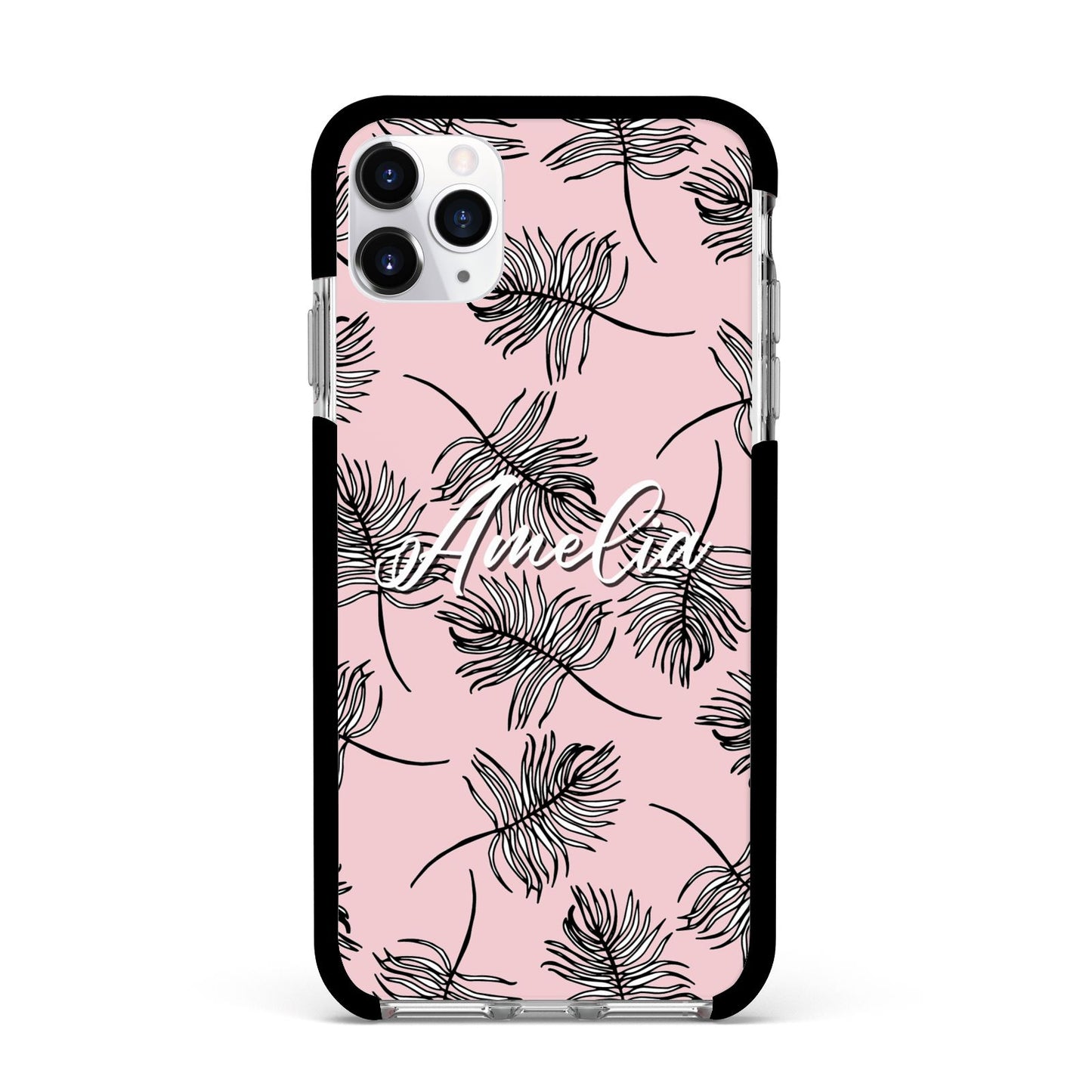 Personalised Pink Monochrome Tropical Leaf Apple iPhone 11 Pro Max in Silver with Black Impact Case