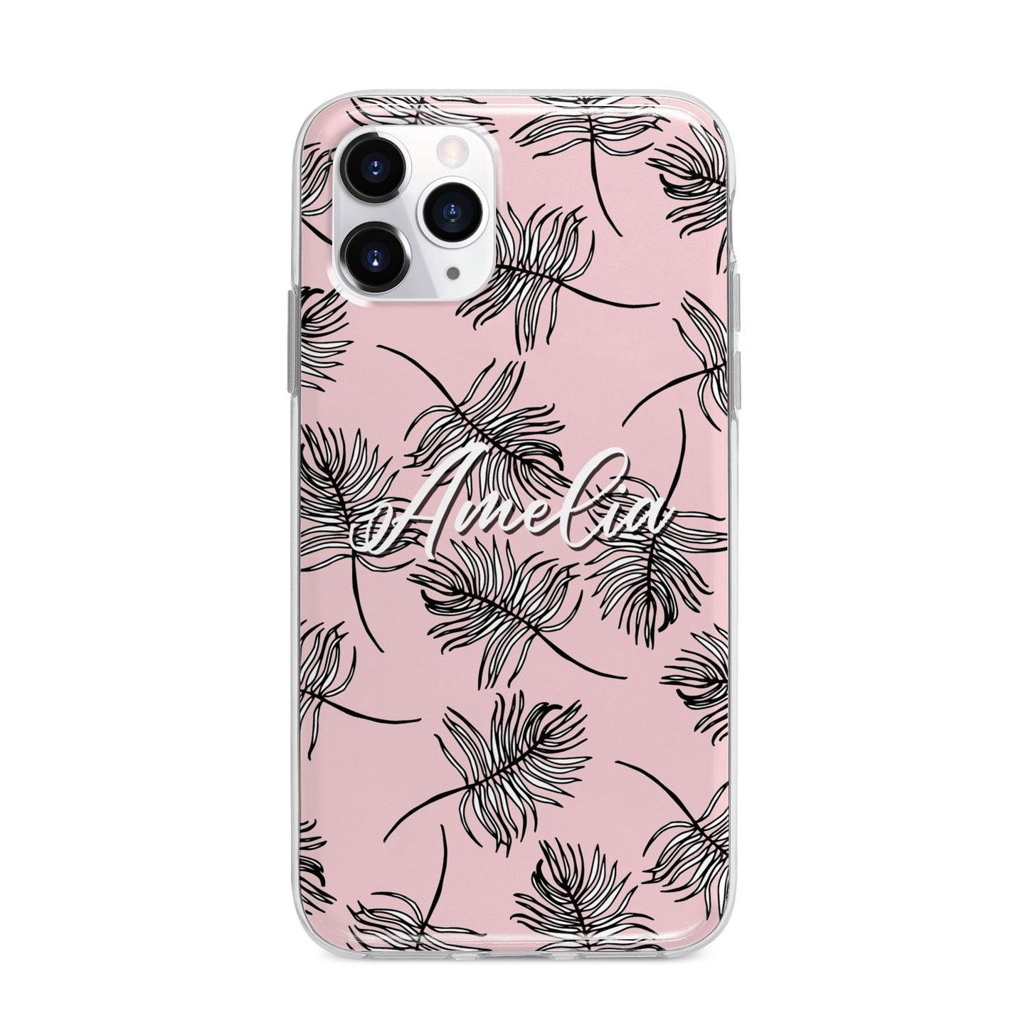 Personalised Pink Monochrome Tropical Leaf Apple iPhone 11 Pro Max in Silver with Bumper Case