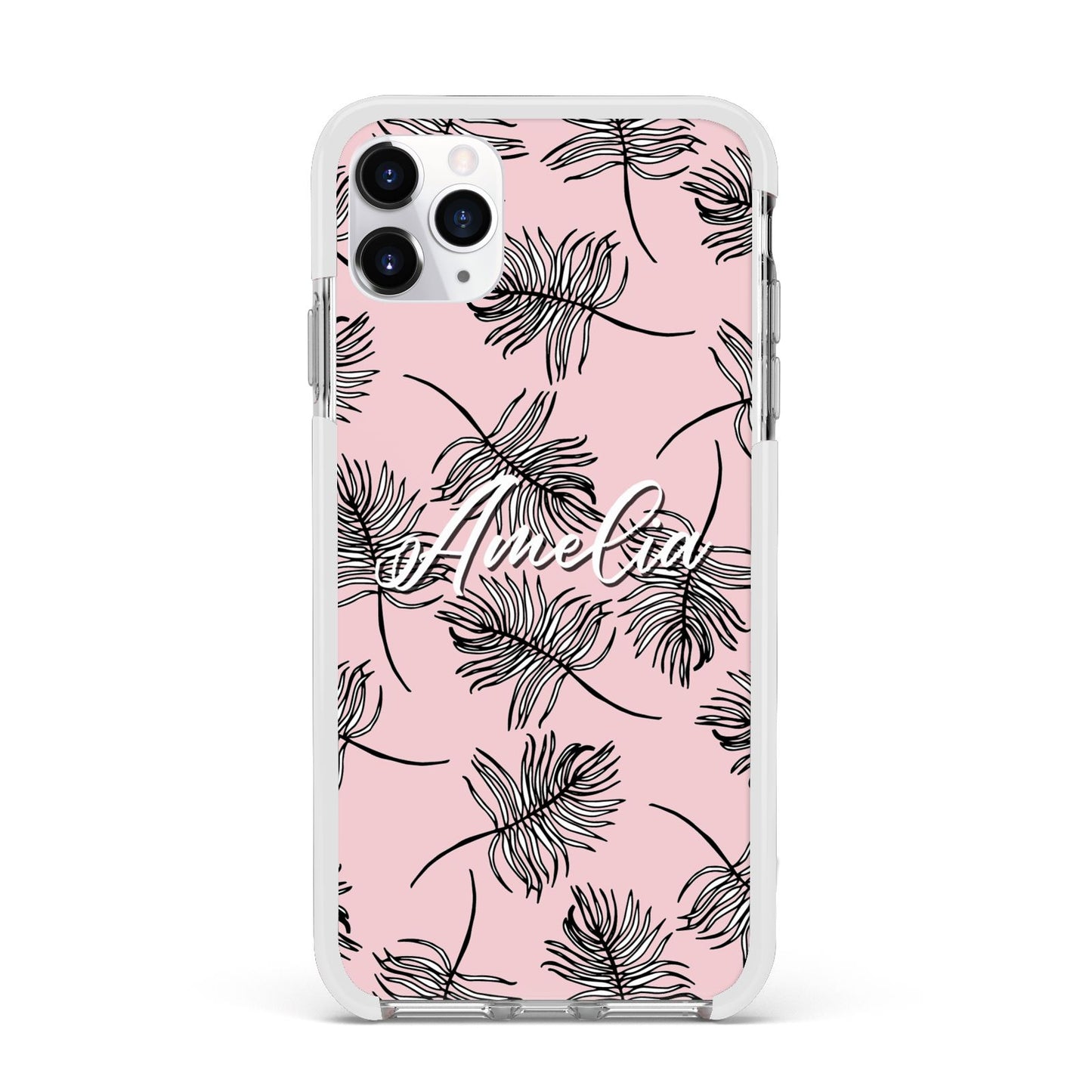 Personalised Pink Monochrome Tropical Leaf Apple iPhone 11 Pro Max in Silver with White Impact Case