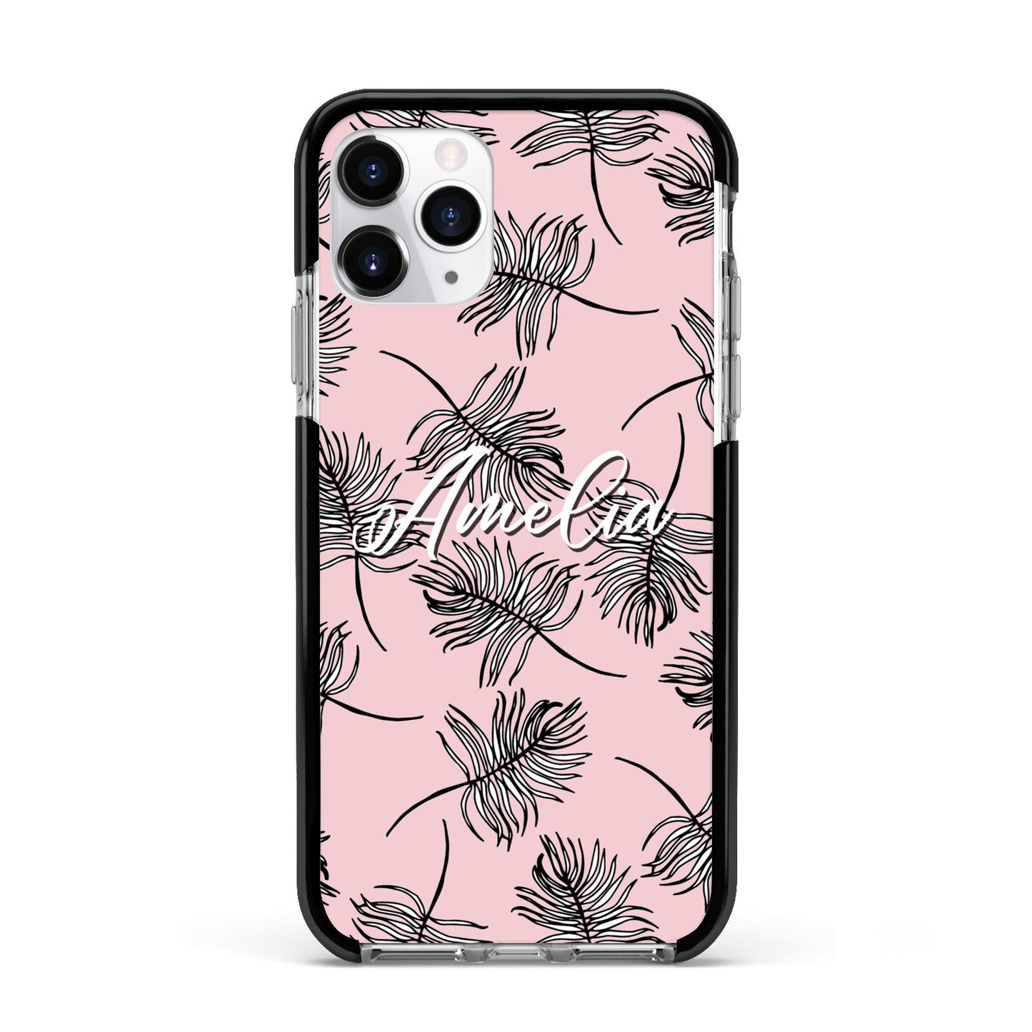 Personalised Pink Monochrome Tropical Leaf Apple iPhone 11 Pro in Silver with Black Impact Case