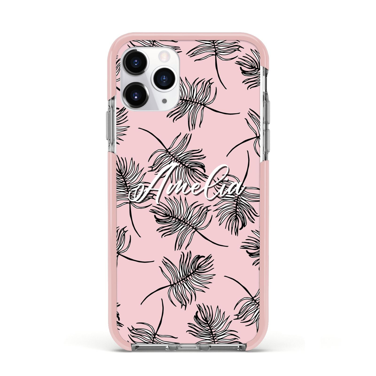 Personalised Pink Monochrome Tropical Leaf Apple iPhone 11 Pro in Silver with Pink Impact Case