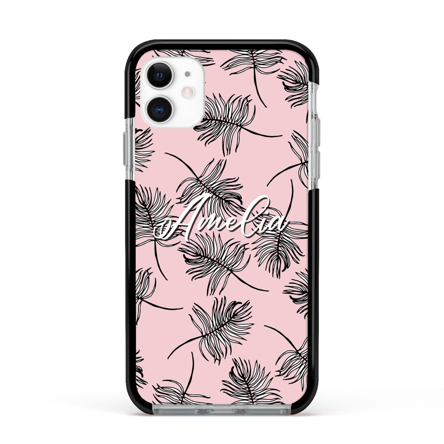 Personalised Pink Monochrome Tropical Leaf Apple iPhone 11 in White with Black Impact Case