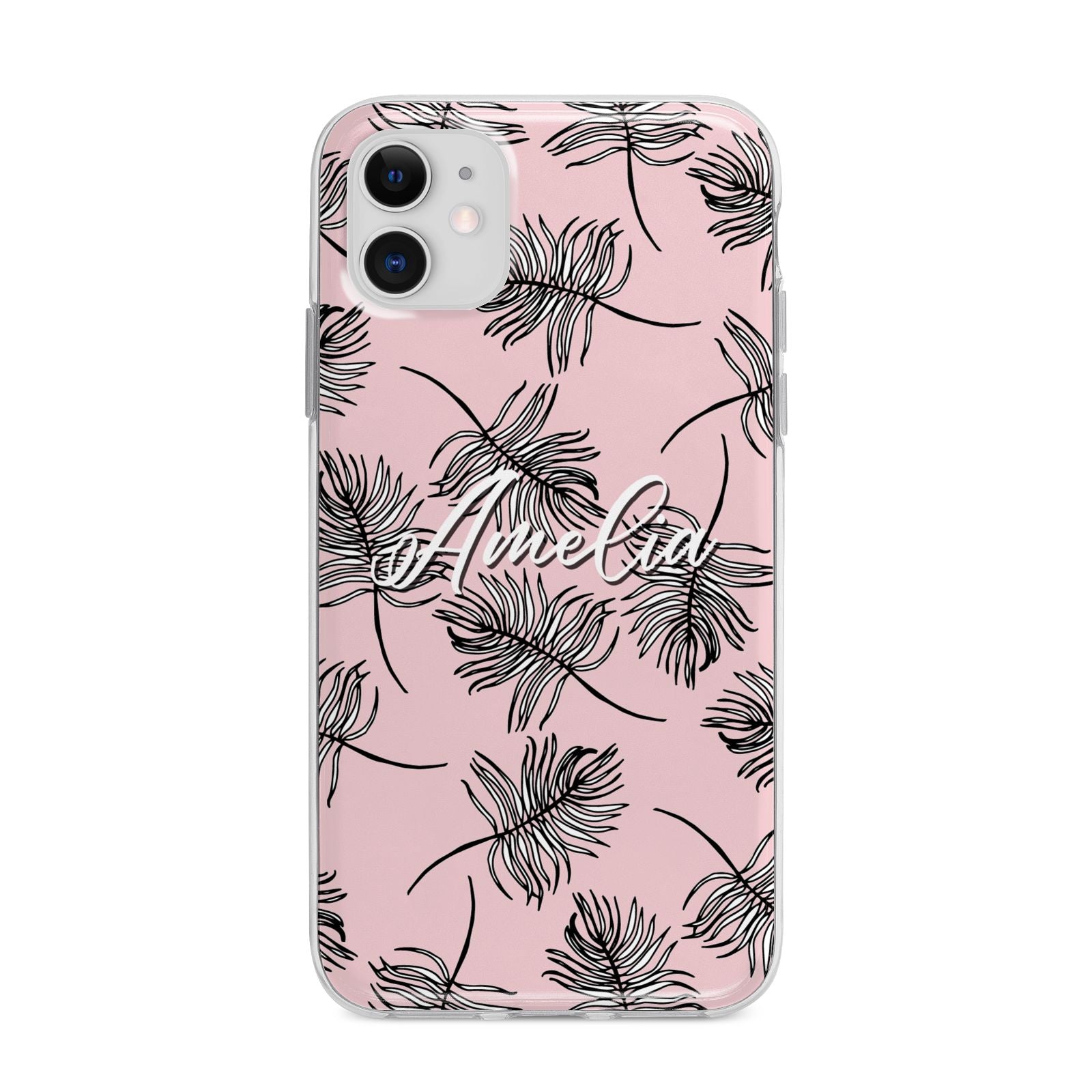 Personalised Pink Monochrome Tropical Leaf Apple iPhone 11 in White with Bumper Case