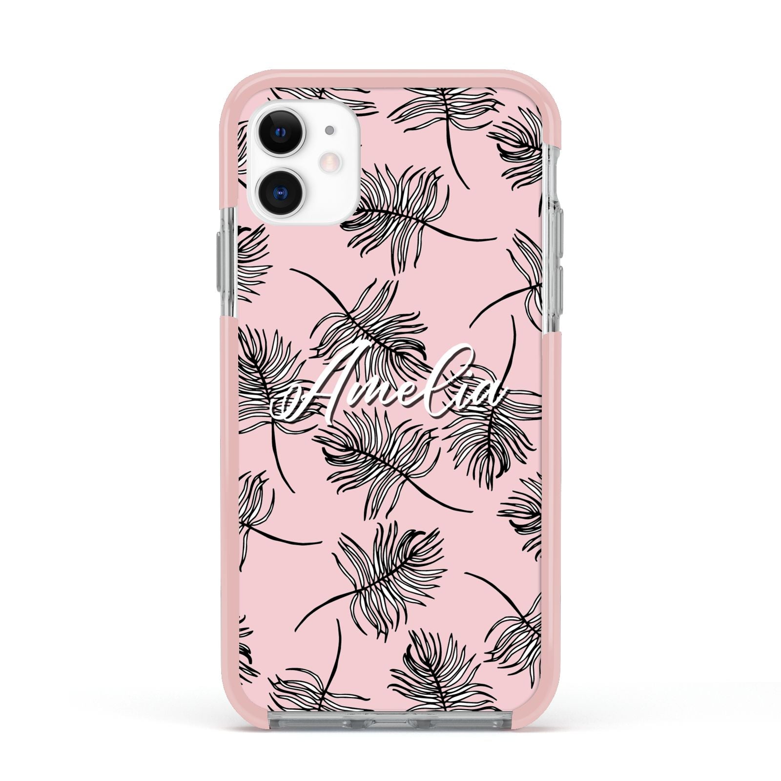 Personalised Pink Monochrome Tropical Leaf Apple iPhone 11 in White with Pink Impact Case