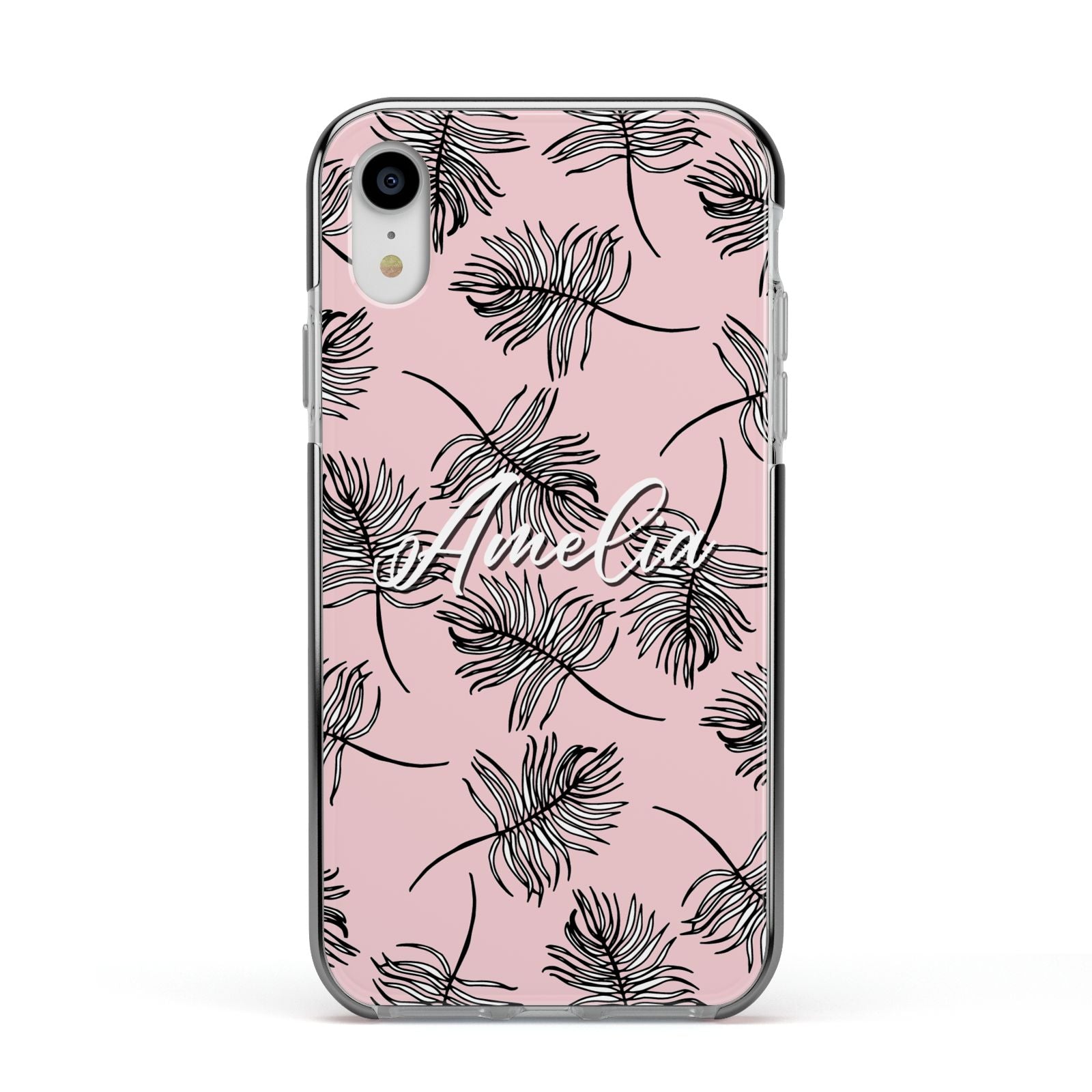 Personalised Pink Monochrome Tropical Leaf Apple iPhone XR Impact Case Black Edge on Silver Phone