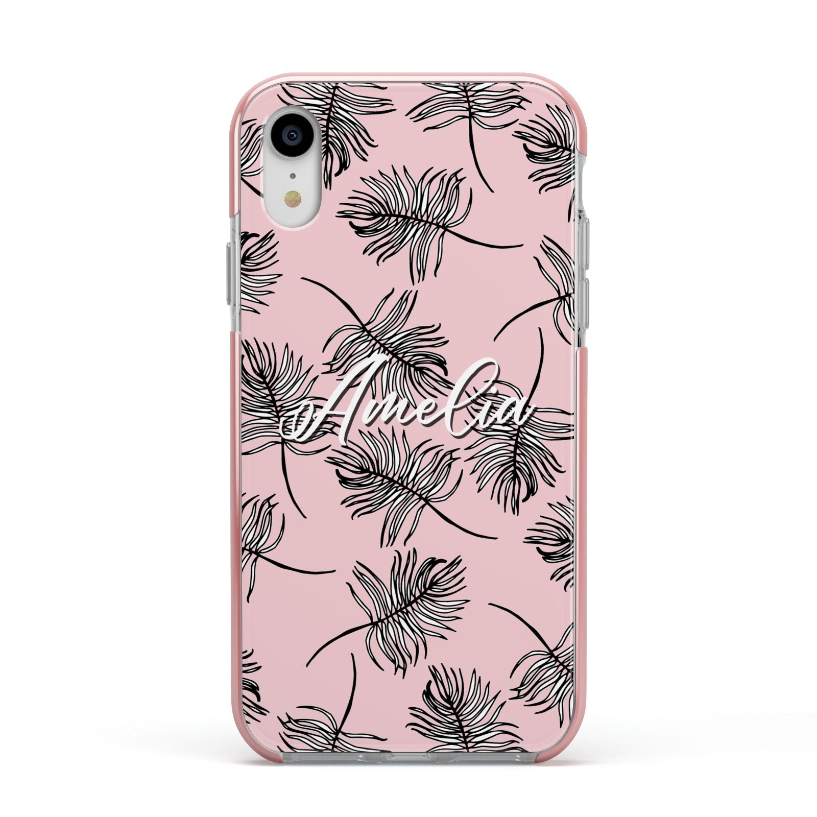 Personalised Pink Monochrome Tropical Leaf Apple iPhone XR Impact Case Pink Edge on Silver Phone