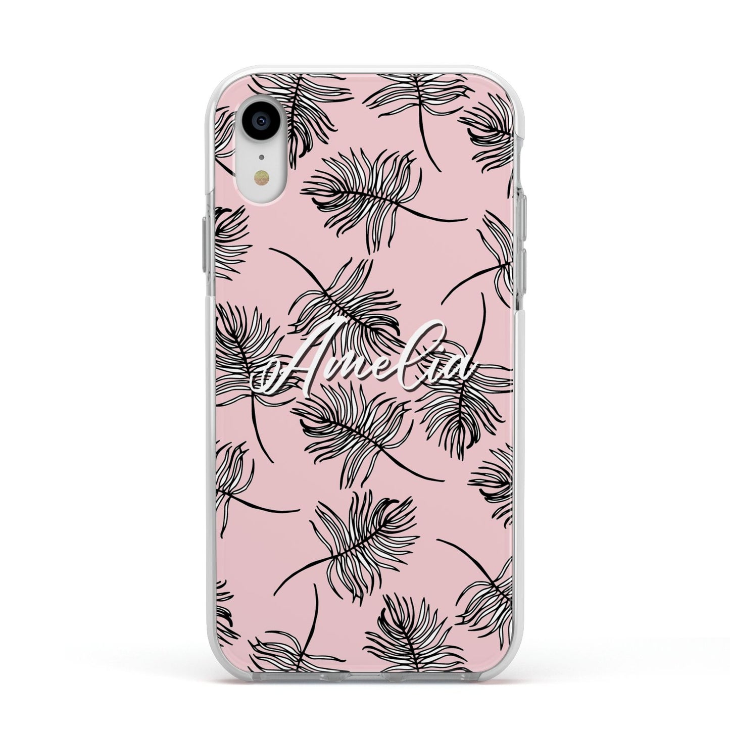 Personalised Pink Monochrome Tropical Leaf Apple iPhone XR Impact Case White Edge on Silver Phone