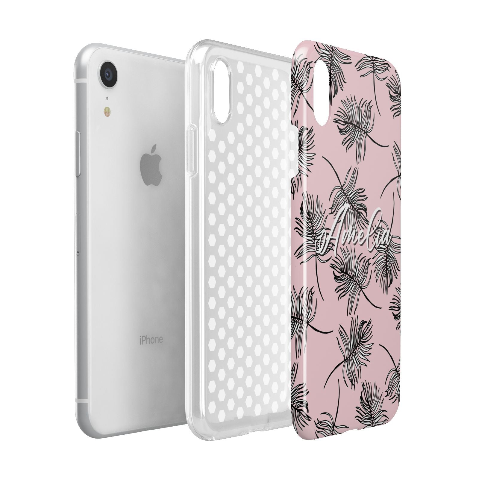 Personalised Pink Monochrome Tropical Leaf Apple iPhone XR White 3D Tough Case Expanded view