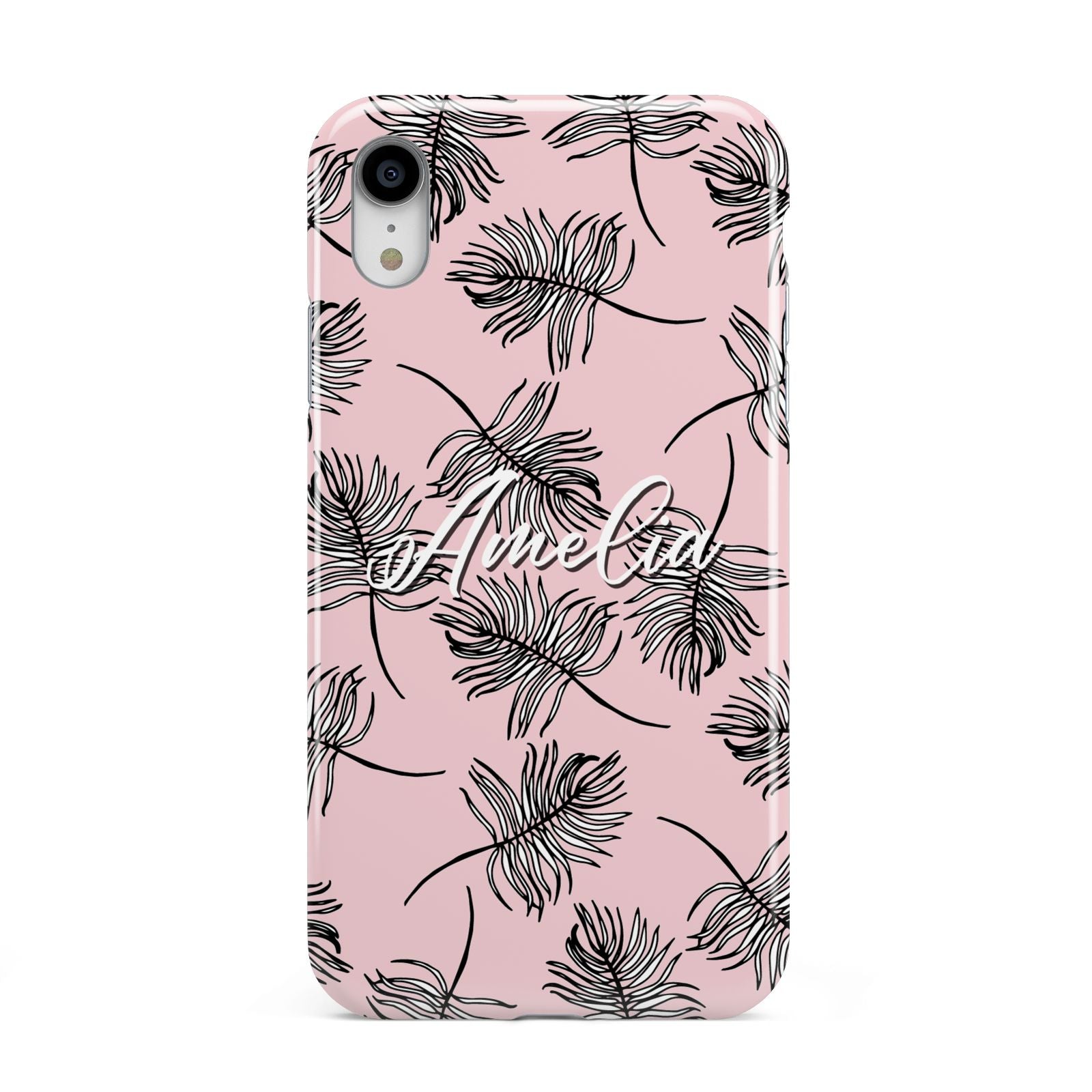 Personalised Pink Monochrome Tropical Leaf Apple iPhone XR White 3D Tough Case