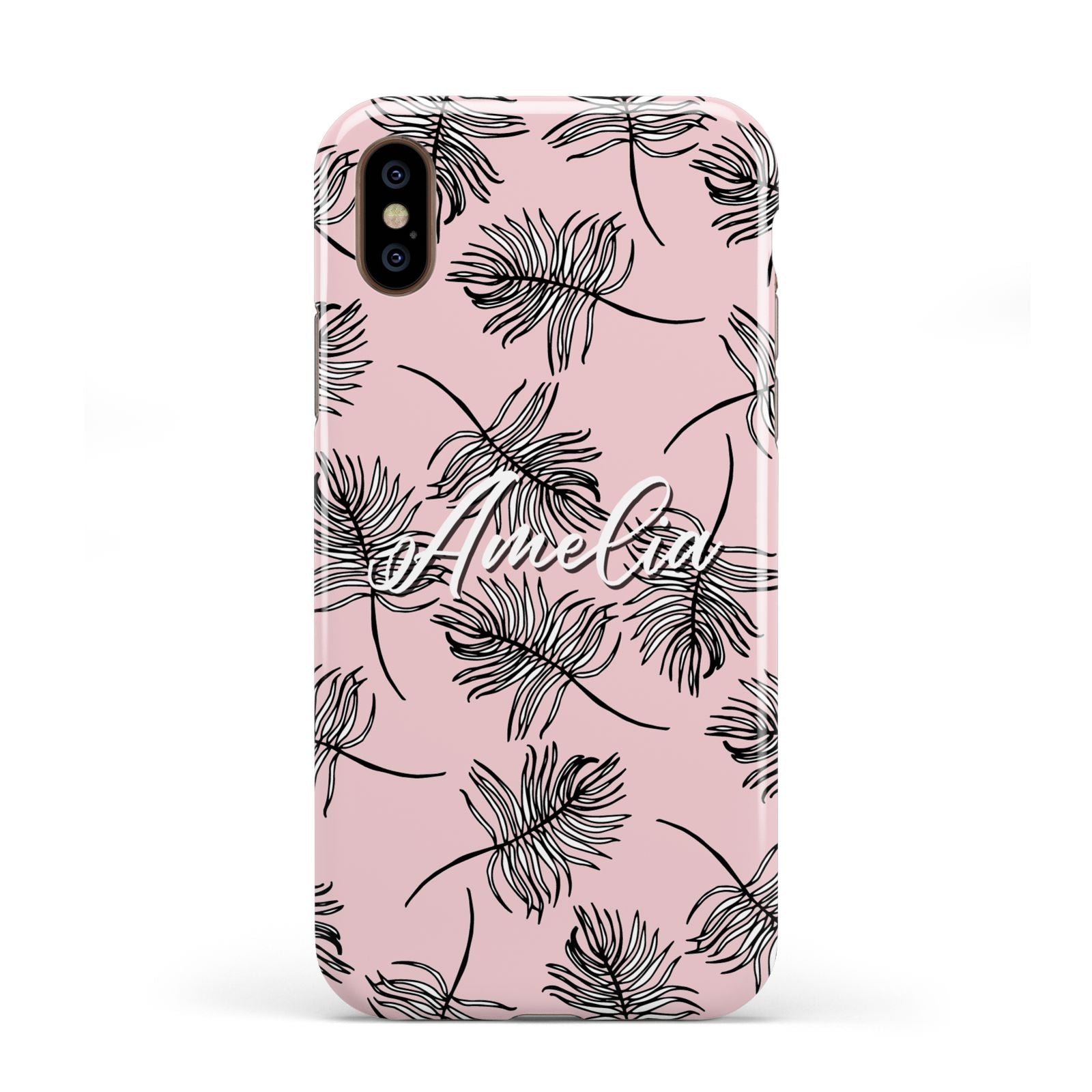 Personalised Pink Monochrome Tropical Leaf Apple iPhone XS 3D Tough