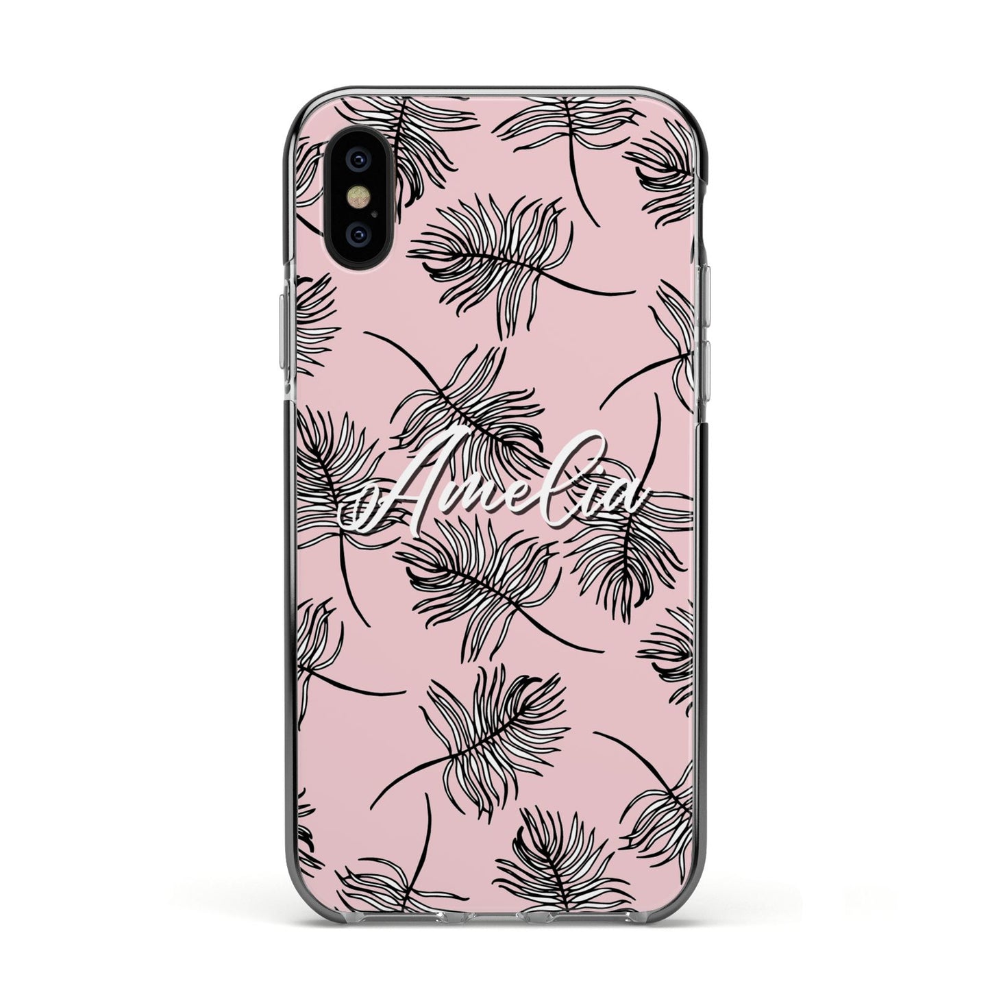 Personalised Pink Monochrome Tropical Leaf Apple iPhone Xs Impact Case Black Edge on Black Phone