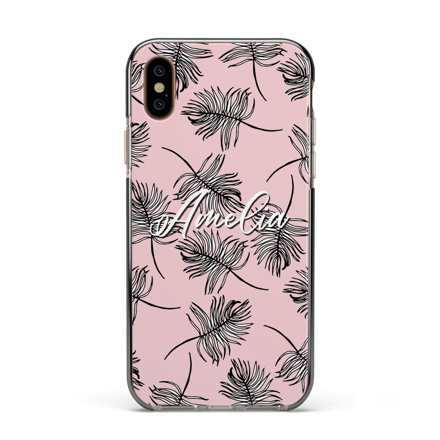 Personalised Pink Monochrome Tropical Leaf Apple iPhone Xs Impact Case Black Edge on Gold Phone