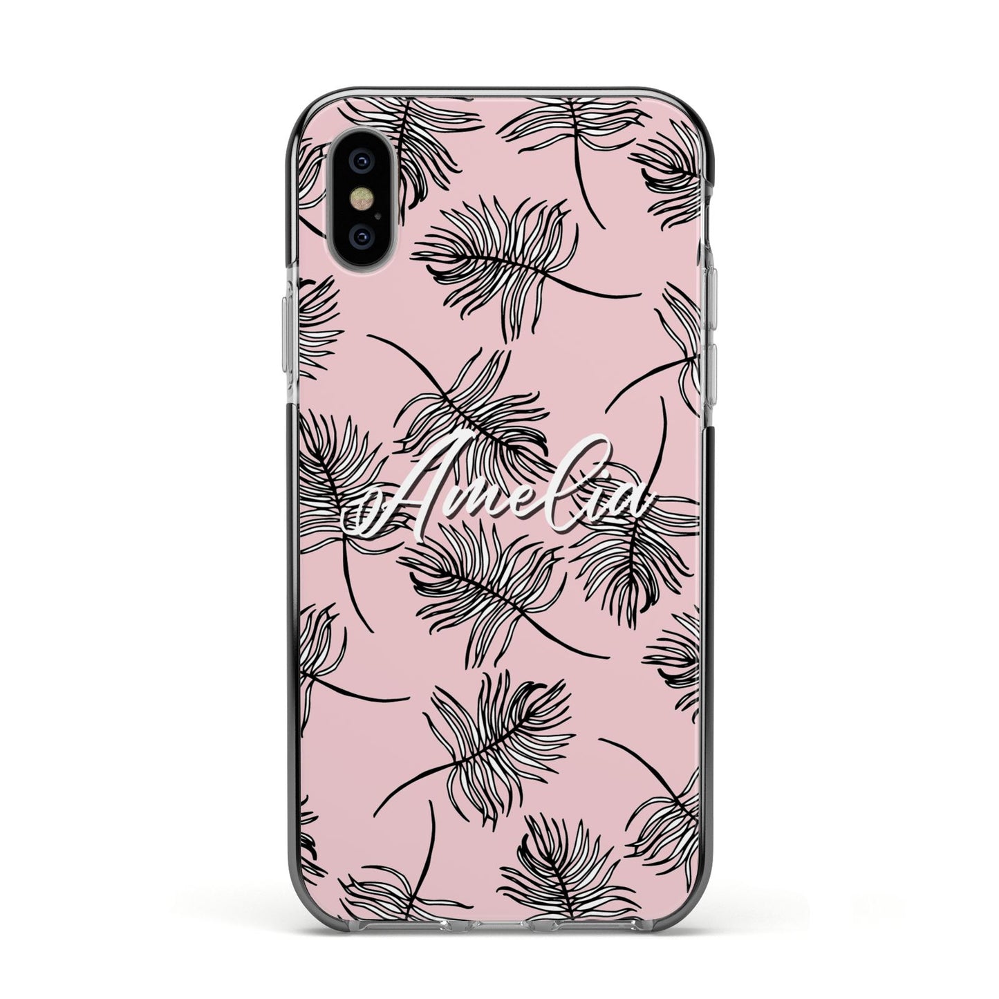 Personalised Pink Monochrome Tropical Leaf Apple iPhone Xs Impact Case Black Edge on Silver Phone