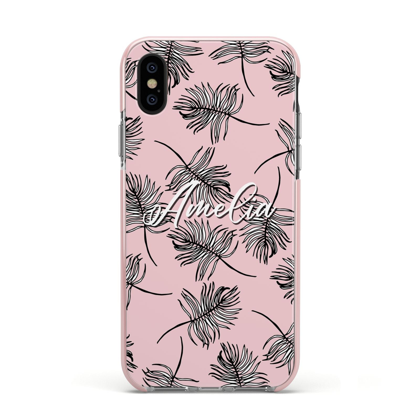 Personalised Pink Monochrome Tropical Leaf Apple iPhone Xs Impact Case Pink Edge on Black Phone