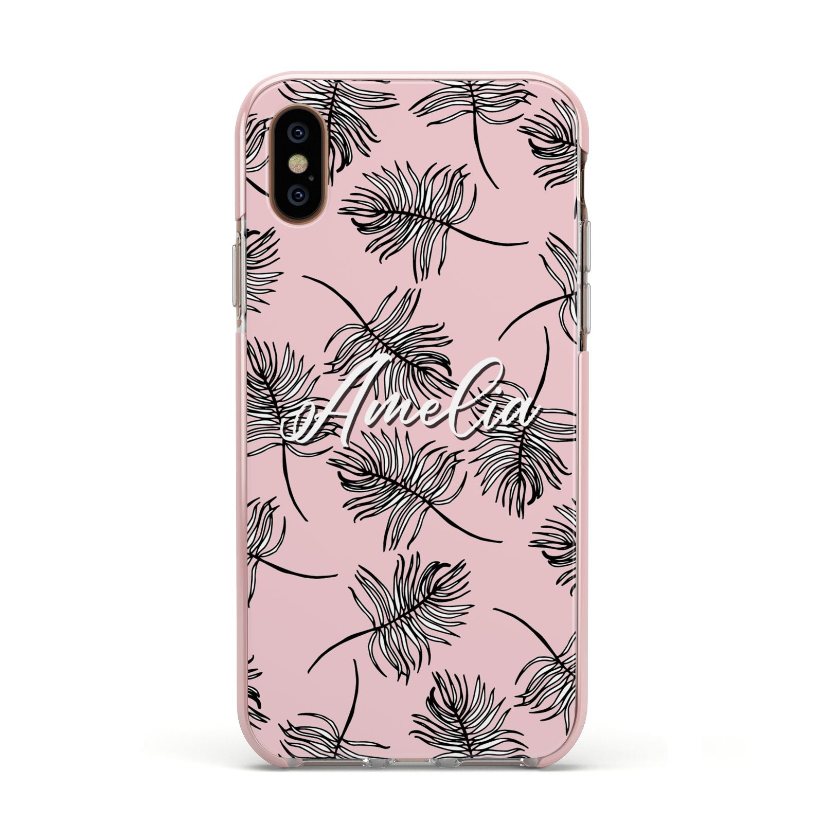 Personalised Pink Monochrome Tropical Leaf Apple iPhone Xs Impact Case Pink Edge on Gold Phone