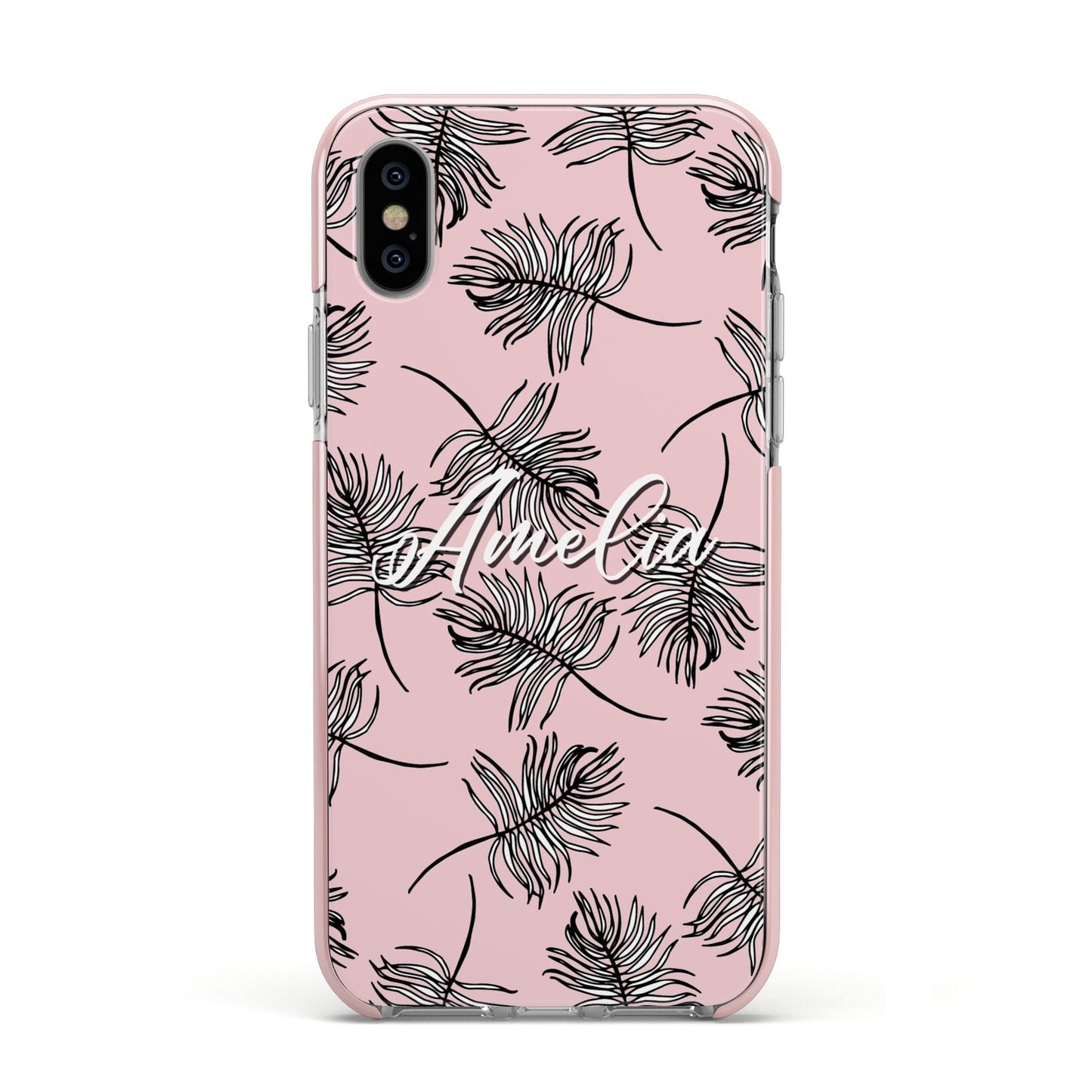 Personalised Pink Monochrome Tropical Leaf Apple iPhone Xs Impact Case Pink Edge on Silver Phone