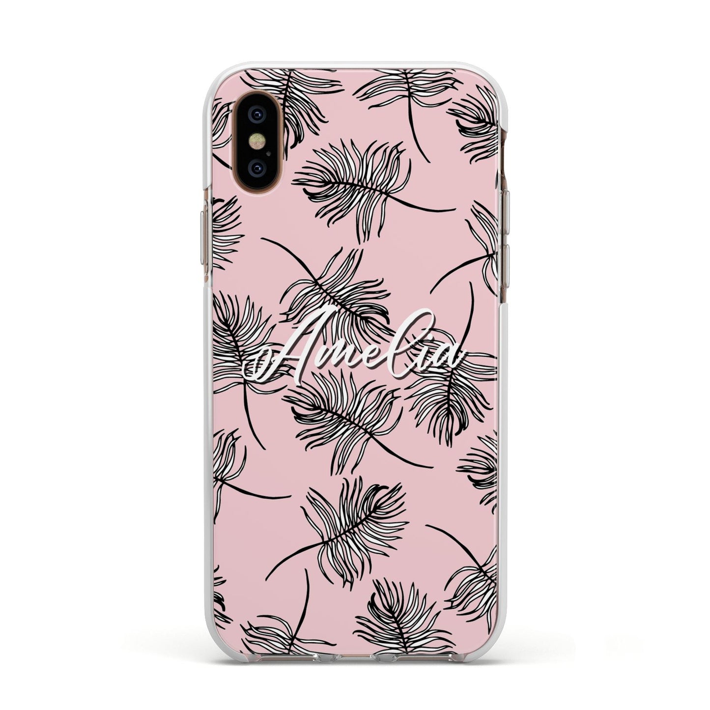 Personalised Pink Monochrome Tropical Leaf Apple iPhone Xs Impact Case White Edge on Gold Phone