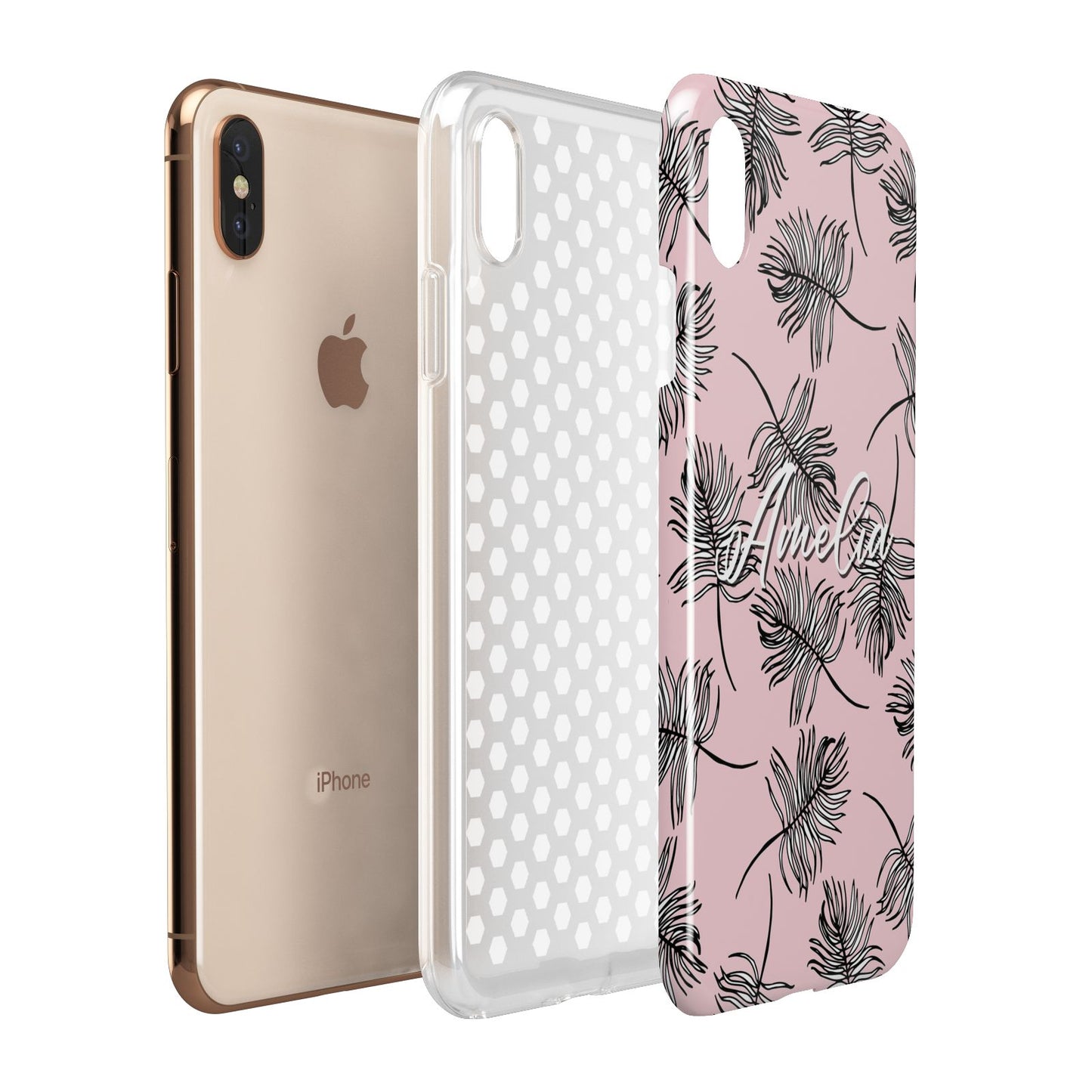 Personalised Pink Monochrome Tropical Leaf Apple iPhone Xs Max 3D Tough Case Expanded View