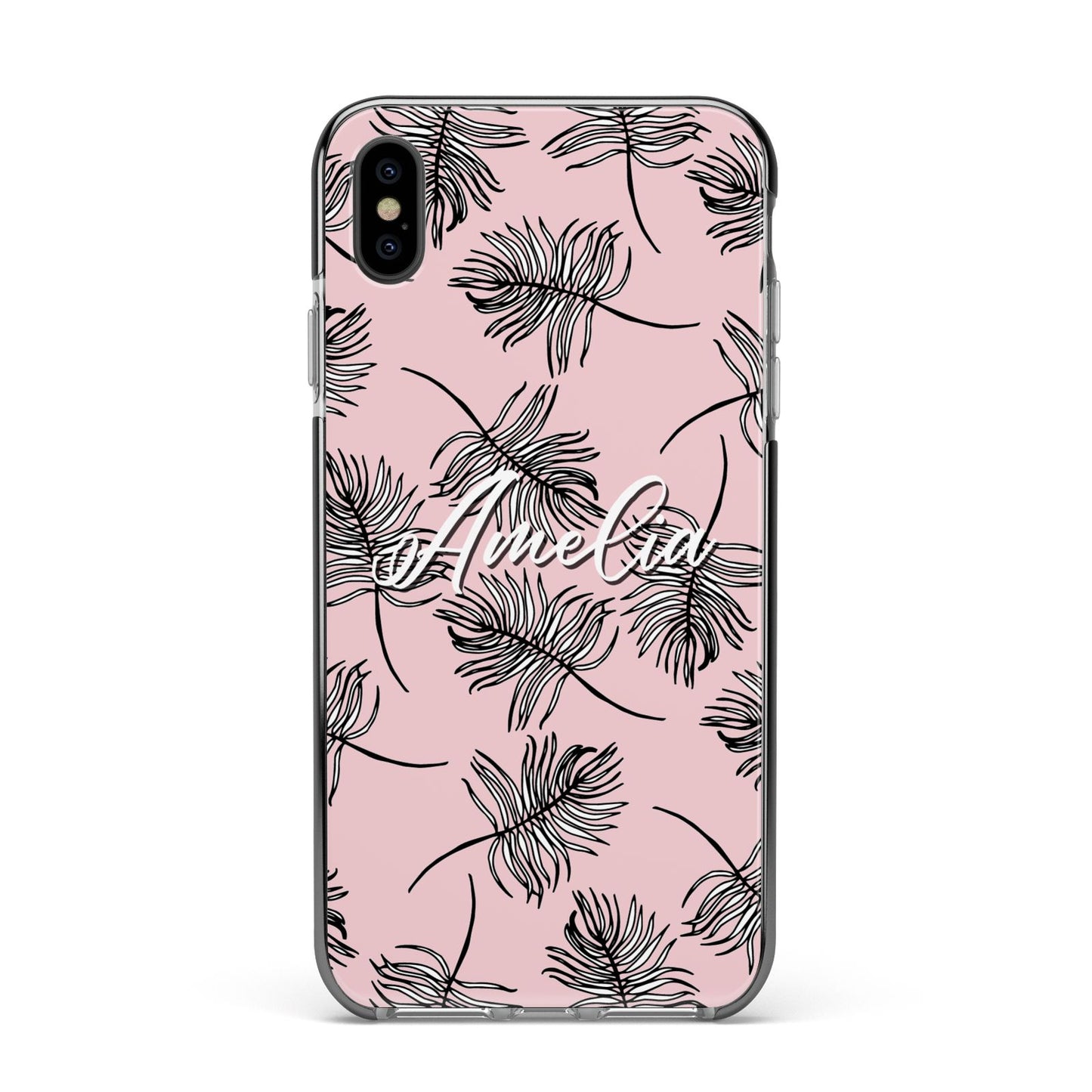 Personalised Pink Monochrome Tropical Leaf Apple iPhone Xs Max Impact Case Black Edge on Black Phone