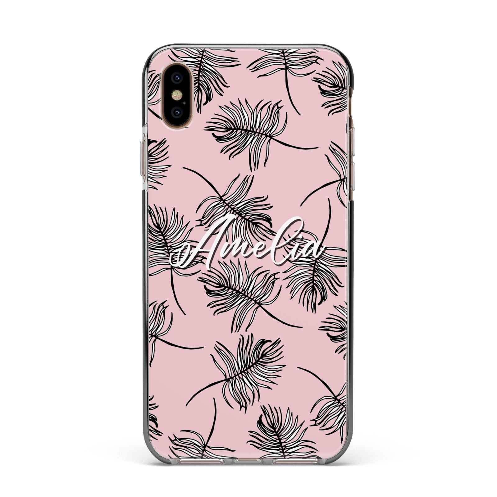 Personalised Pink Monochrome Tropical Leaf Apple iPhone Xs Max Impact Case Black Edge on Gold Phone