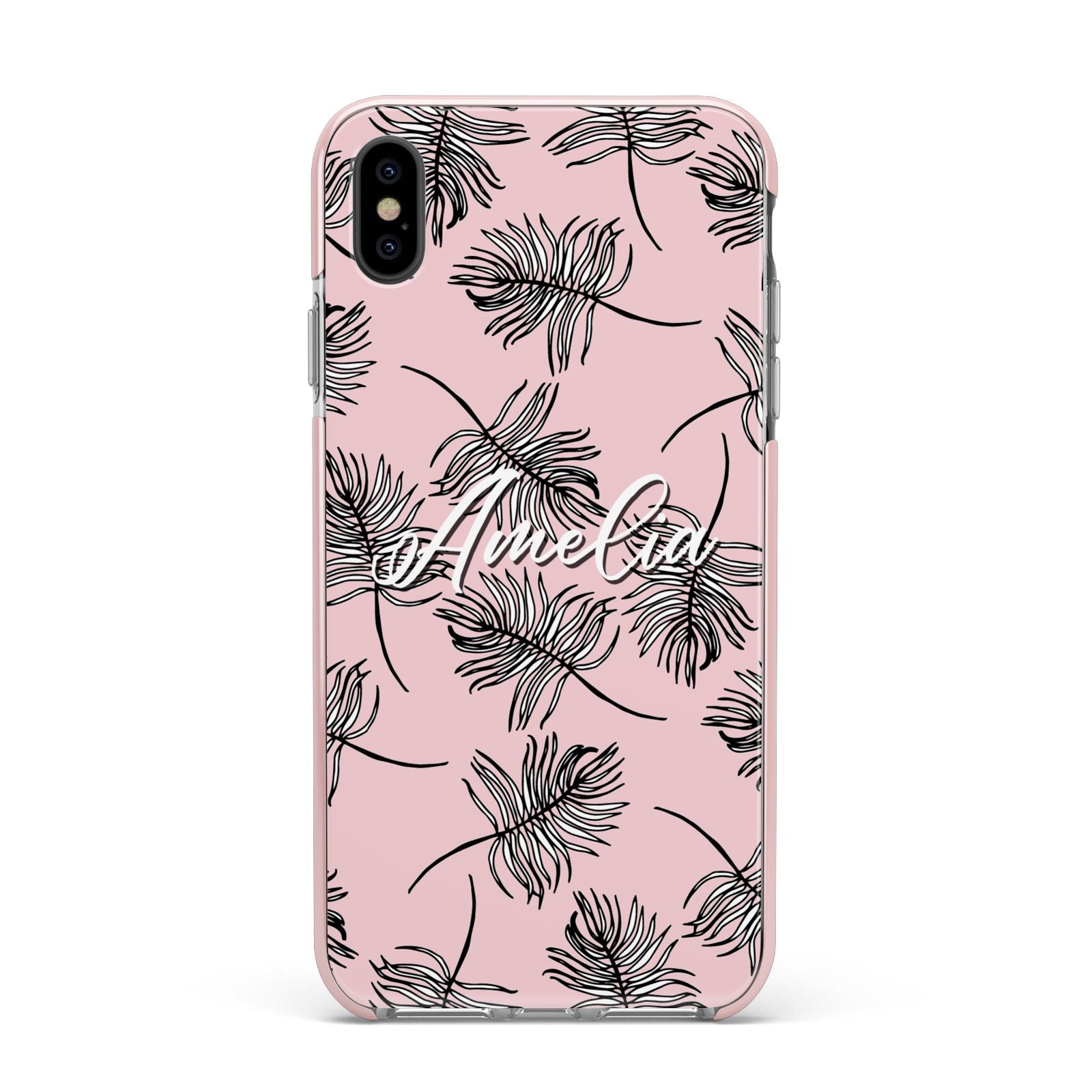 Personalised Pink Monochrome Tropical Leaf Apple iPhone Xs Max Impact Case Pink Edge on Black Phone