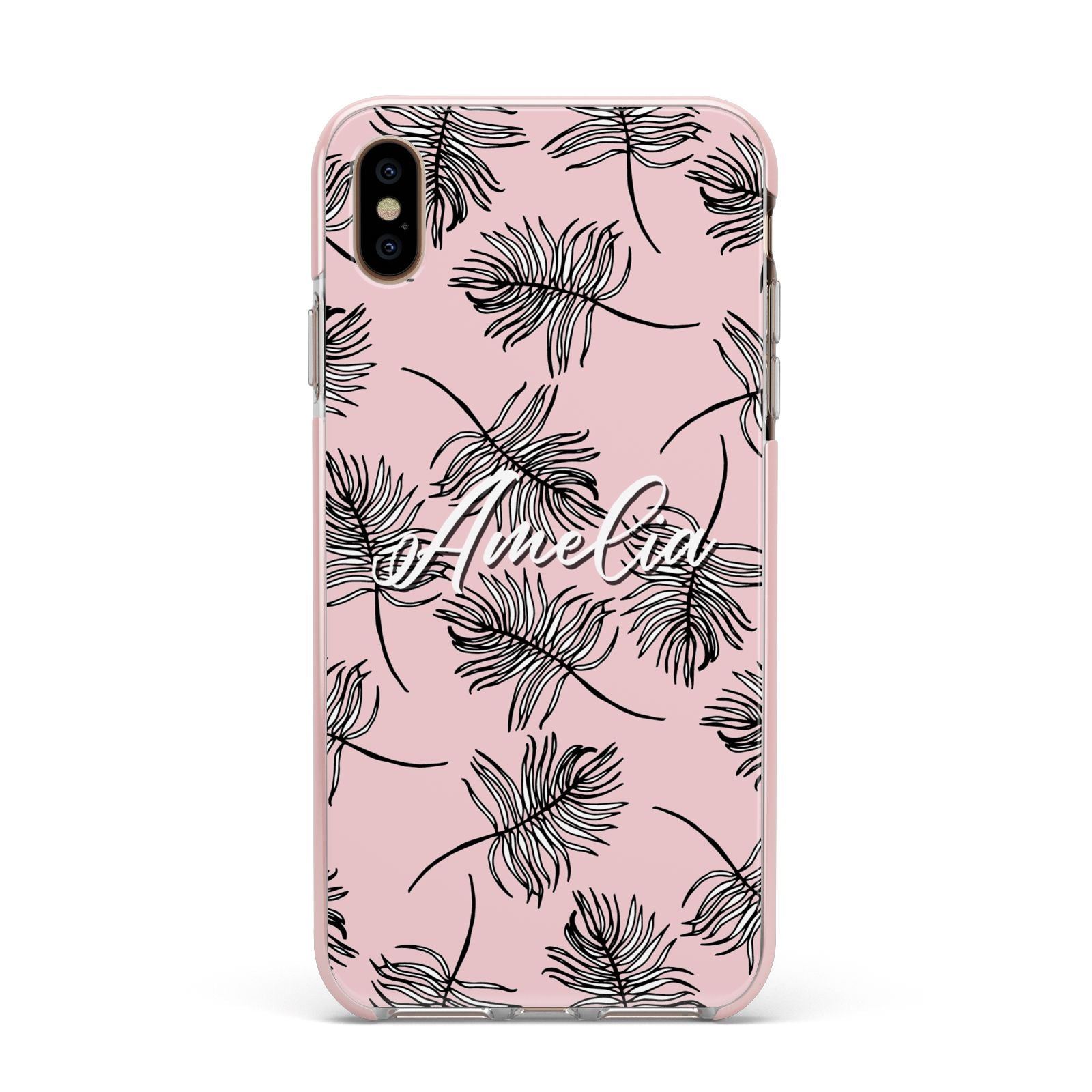 Personalised Pink Monochrome Tropical Leaf Apple iPhone Xs Max Impact Case Pink Edge on Gold Phone