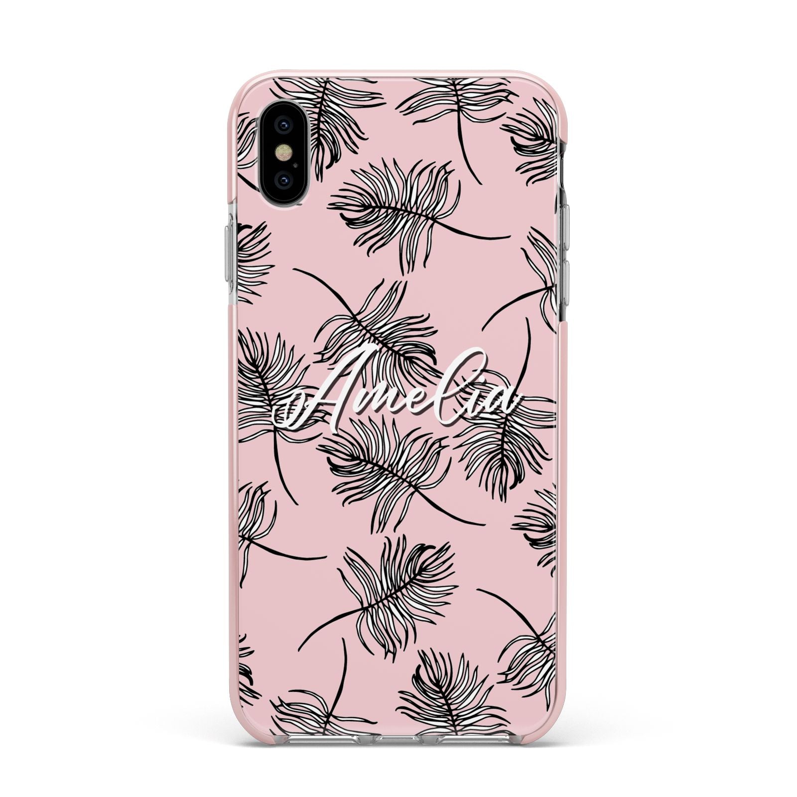 Personalised Pink Monochrome Tropical Leaf Apple iPhone Xs Max Impact Case Pink Edge on Silver Phone