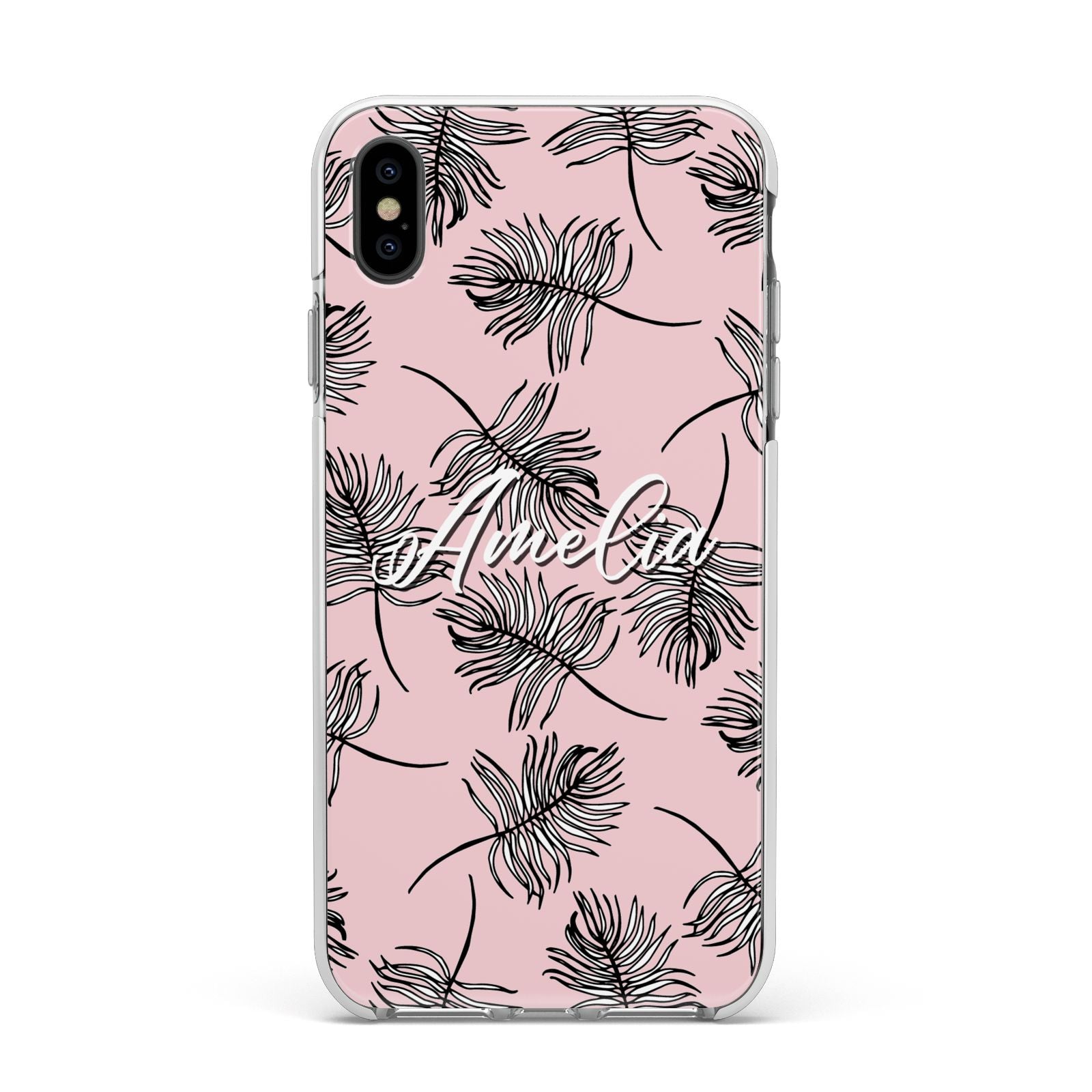 Personalised Pink Monochrome Tropical Leaf Apple iPhone Xs Max Impact Case White Edge on Black Phone