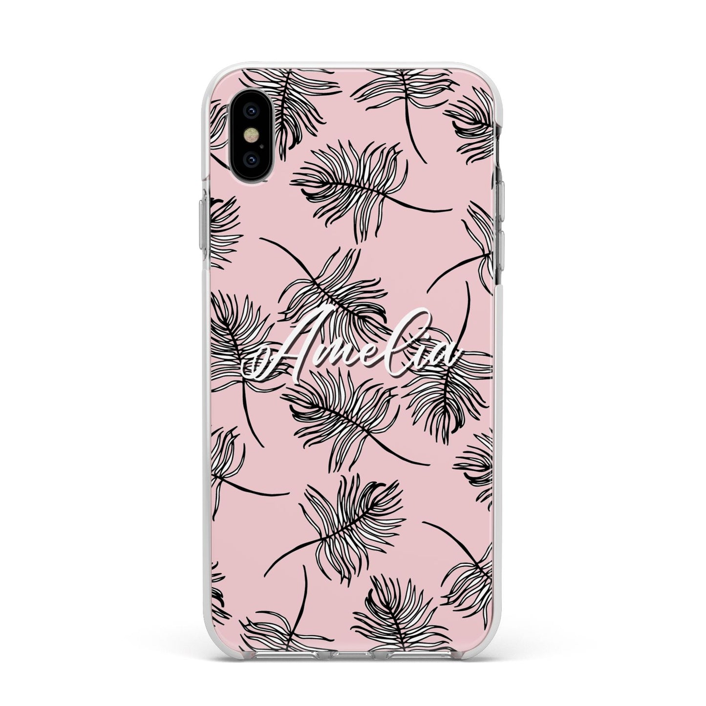 Personalised Pink Monochrome Tropical Leaf Apple iPhone Xs Max Impact Case White Edge on Silver Phone