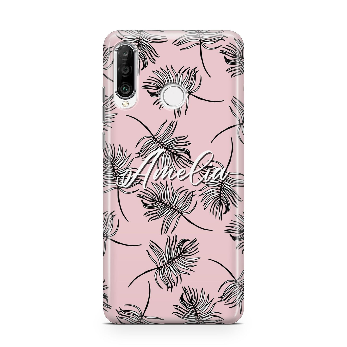 Personalised Pink Monochrome Tropical Leaf Huawei P30 Lite Phone Case