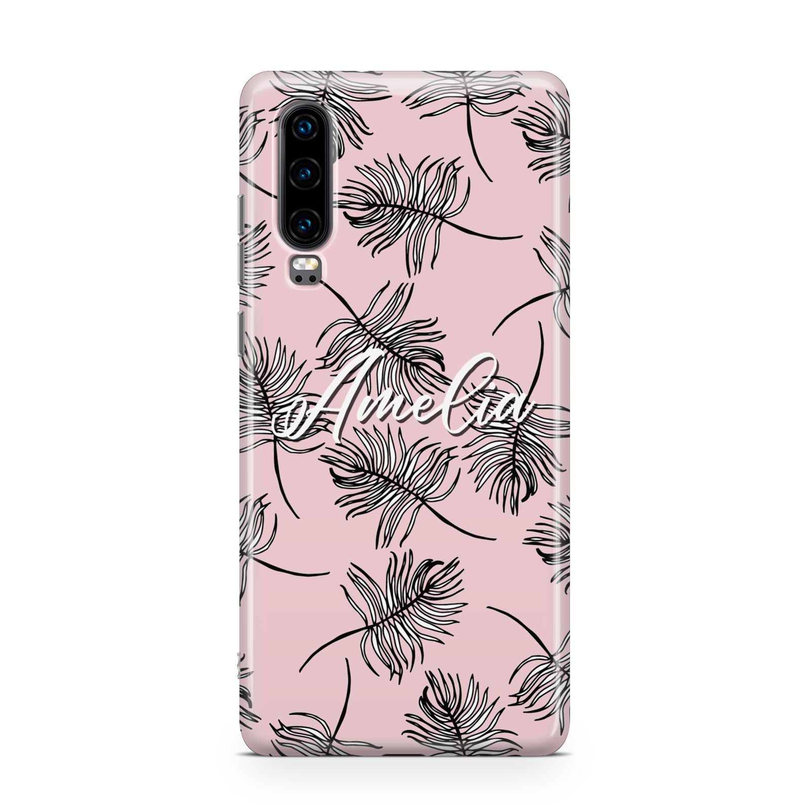 Personalised Pink Monochrome Tropical Leaf Huawei P30 Phone Case