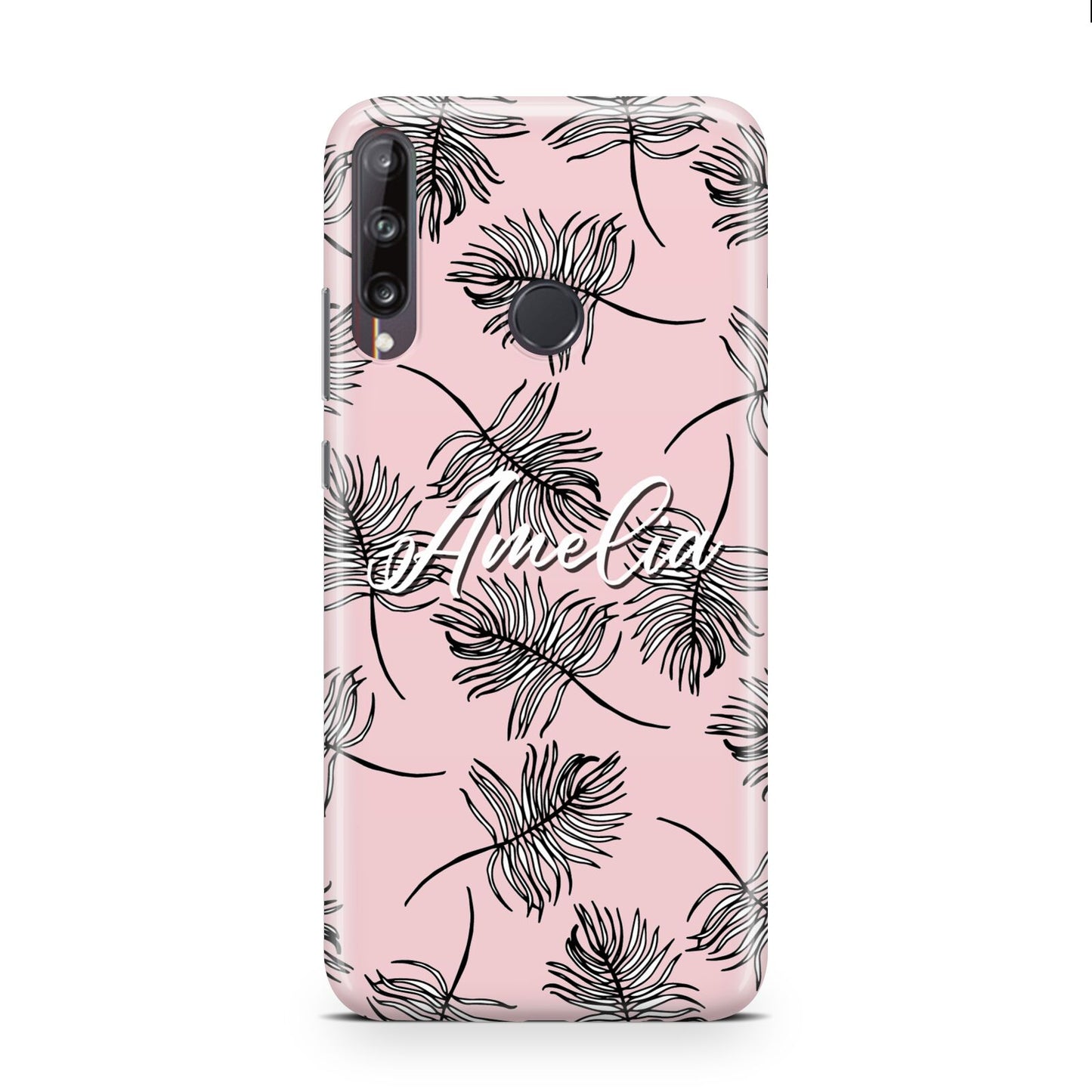 Personalised Pink Monochrome Tropical Leaf Huawei P40 Lite E Phone Case