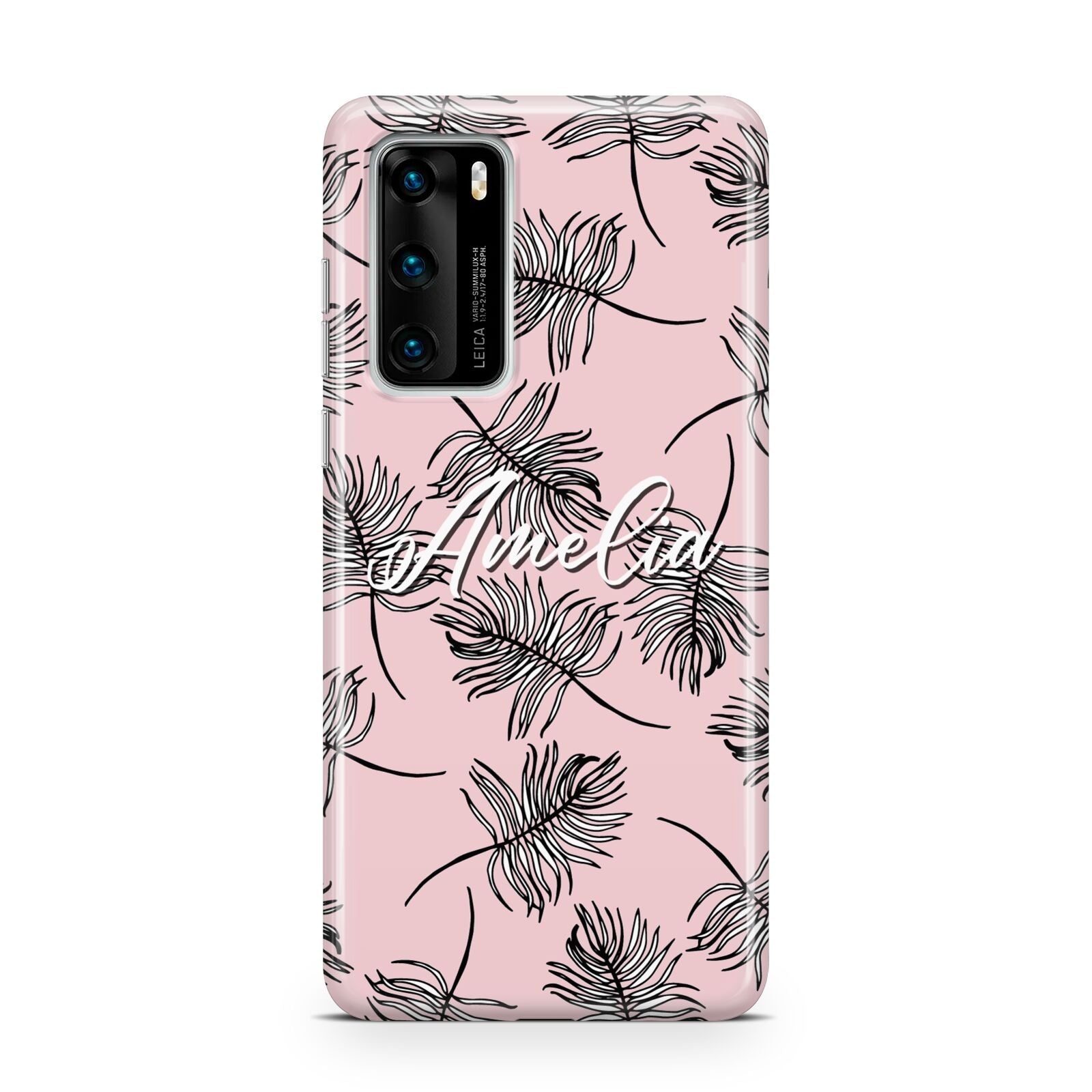 Personalised Pink Monochrome Tropical Leaf Huawei P40 Phone Case