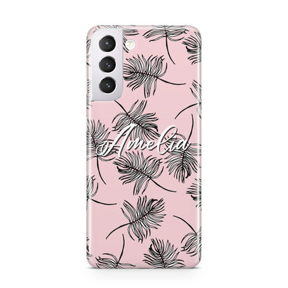 Personalised Pink Monochrome Tropical Leaf Samsung S21 Case