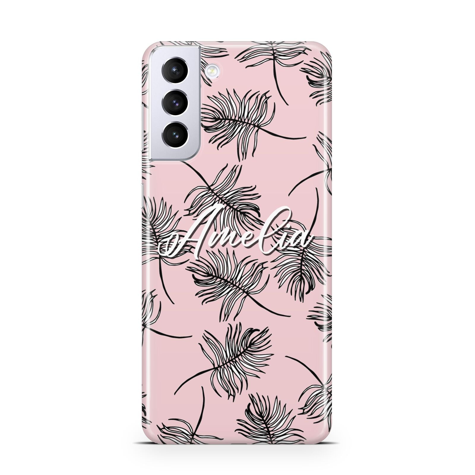 Personalised Pink Monochrome Tropical Leaf Samsung S21 Plus Case