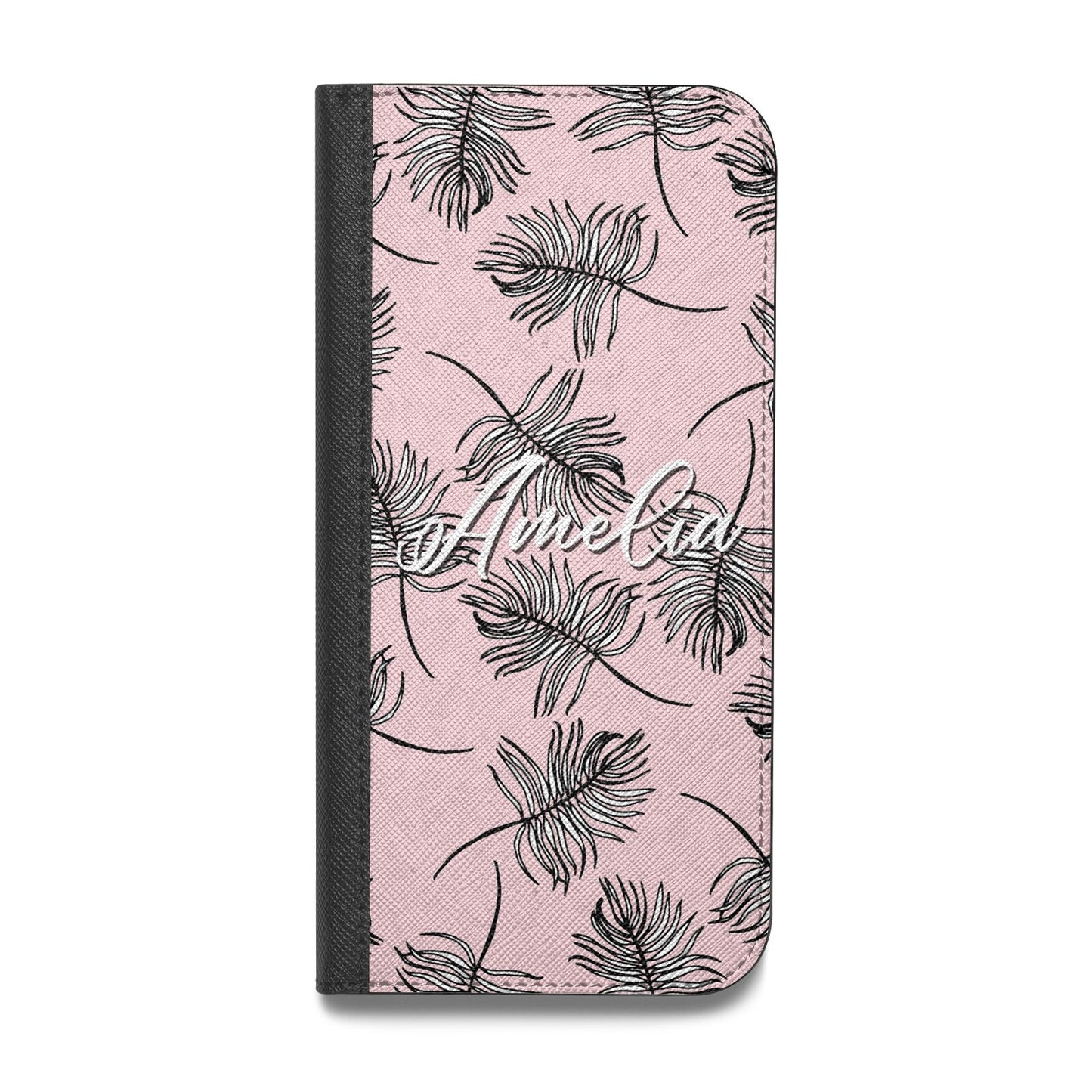 Personalised Pink Monochrome Tropical Leaf Vegan Leather Flip iPhone Case